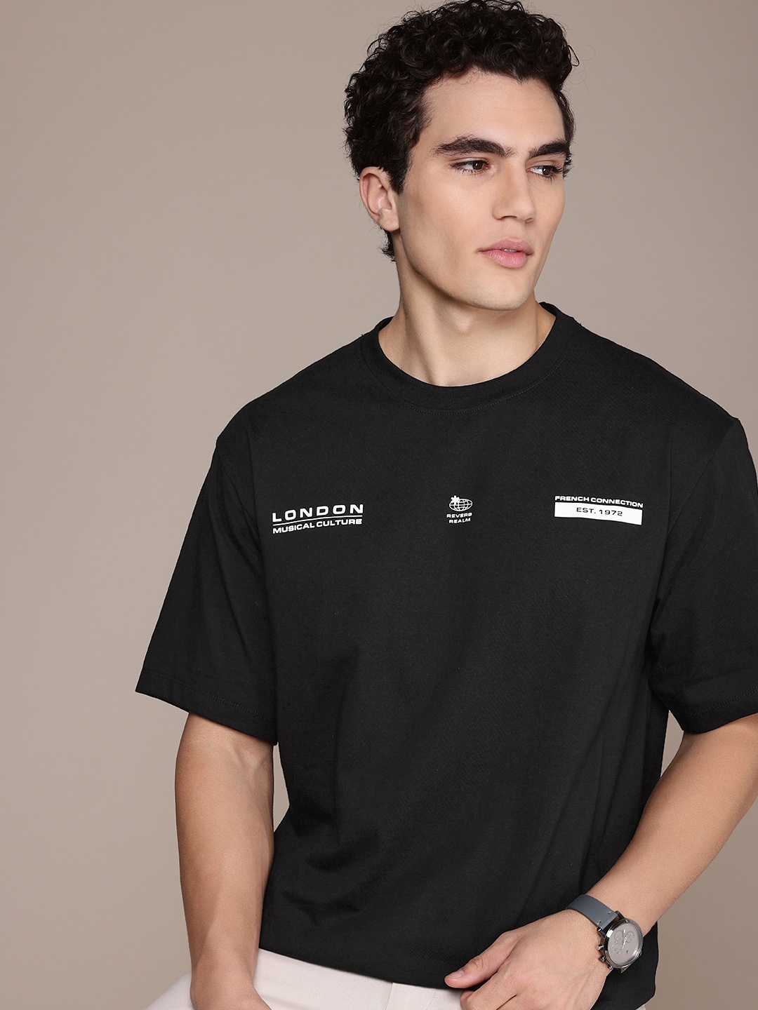

French Connection Drop-Shoulder Sleeves Pure Cotton Casual T-shirt, Black
