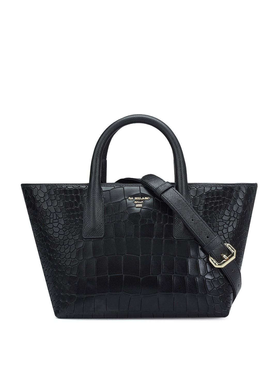 

Da Milano Animal Textured Leather Structured Handheld Bag with Cut Work, Black