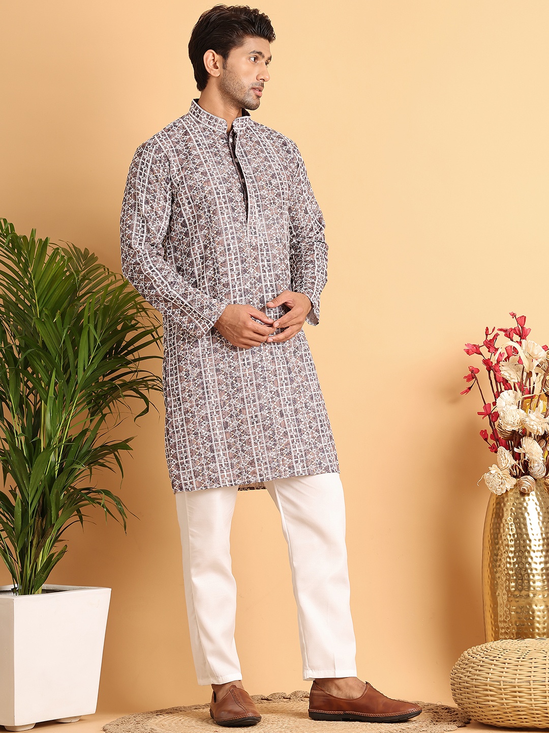 

Jompers Men Embroidered Regular Chikankari Kurta with Pyjamas, Coffee brown