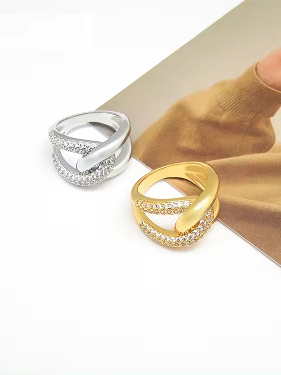 

Lila Set Of 2 Stainless Steel CZ-Studded Finger Rings, Silver