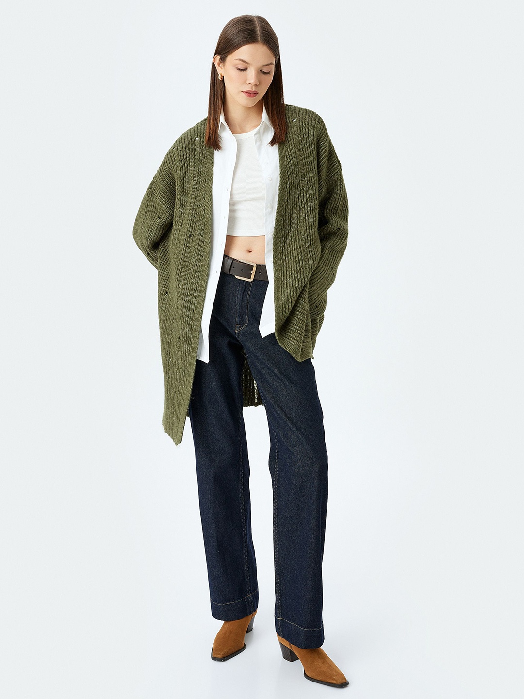 

Koton Women Cable Knit Long Sleeves Longline Cardigan, Green