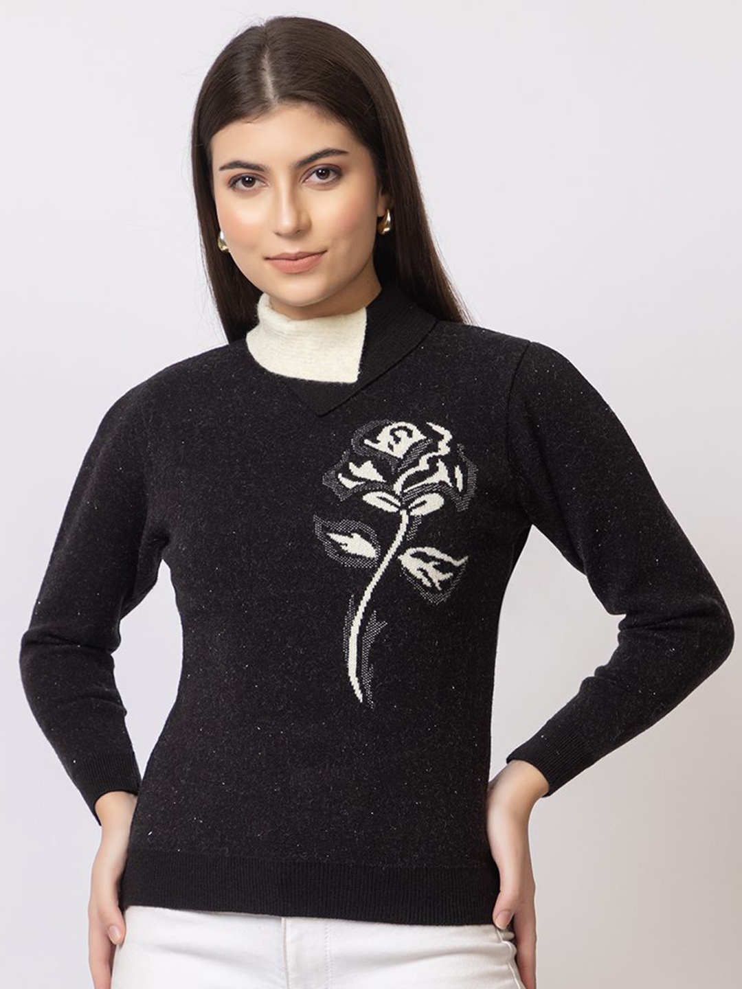 

Navsha Women Floral Embroidered Embellished Long Sleeves Woollen Pullover, Black