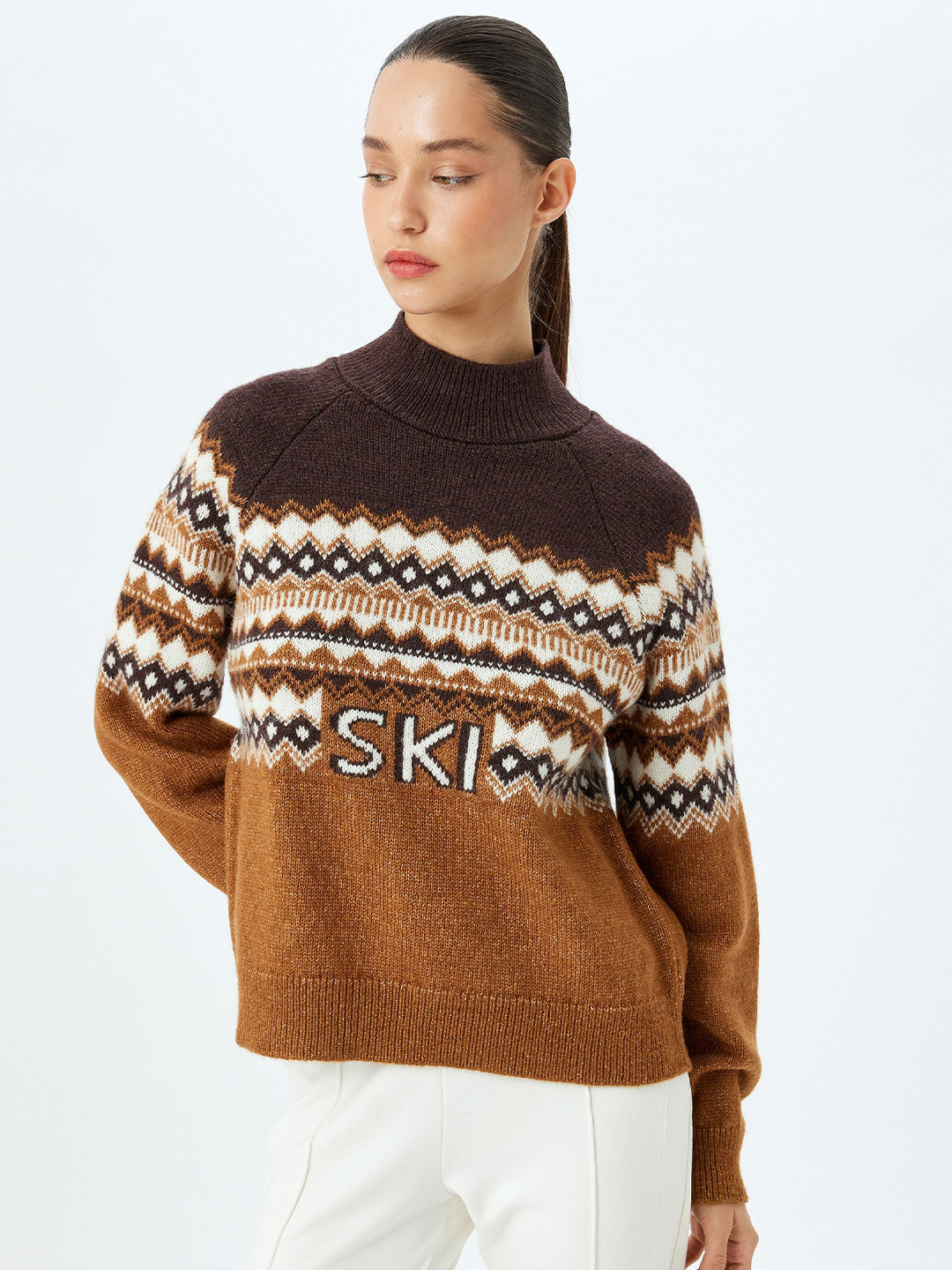 

Koton Women Geometric Self Design Pullover, Brown