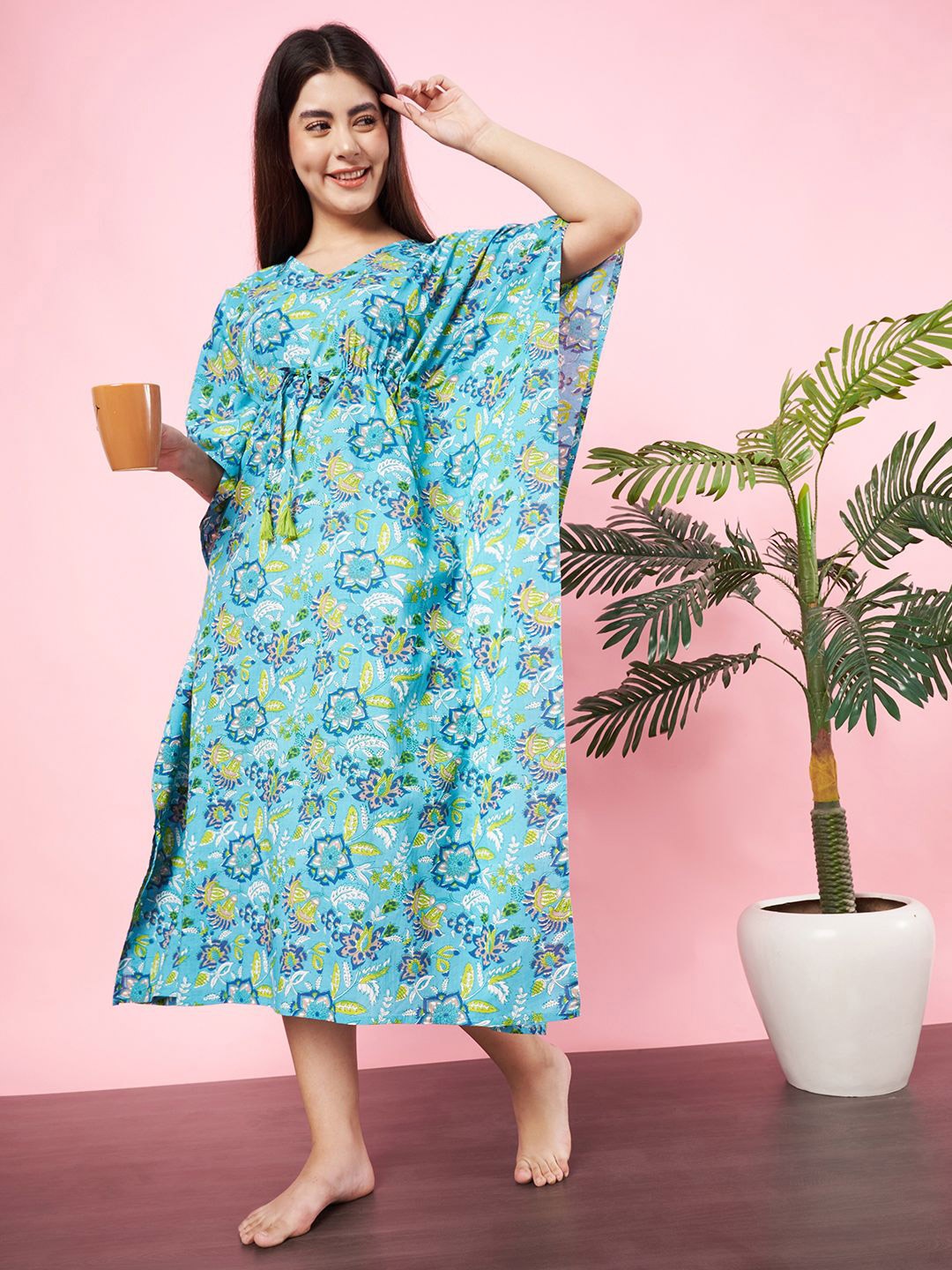 

HERE&NOW Women Everyday Floral Printed Pure Cotton Kaftan Nightdress, Blue