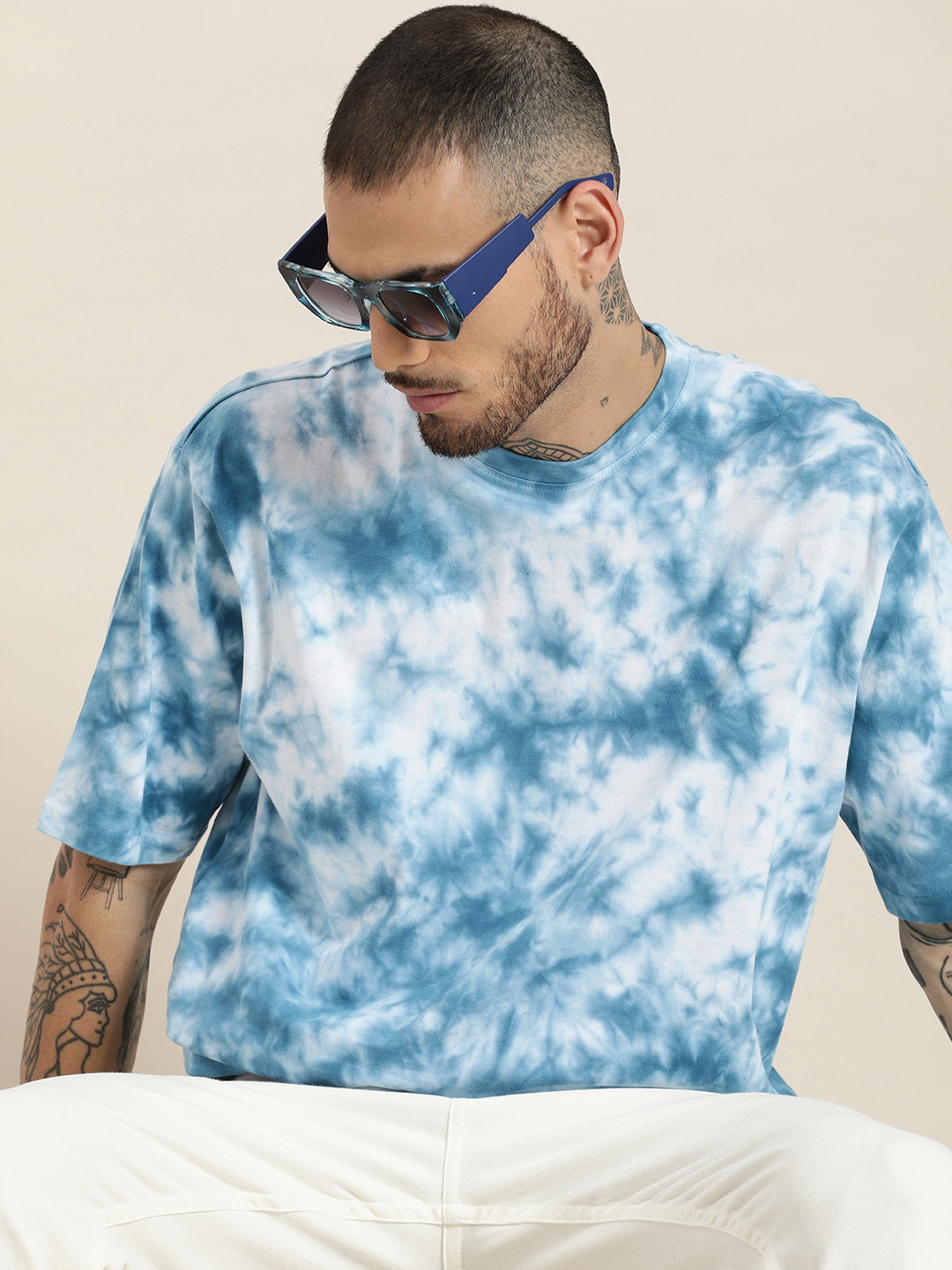 

HERE&NOW Tie and Dye Dyed Drop-Shoulder Sleeves Oversized Pure Cotton T-shirt, Blue