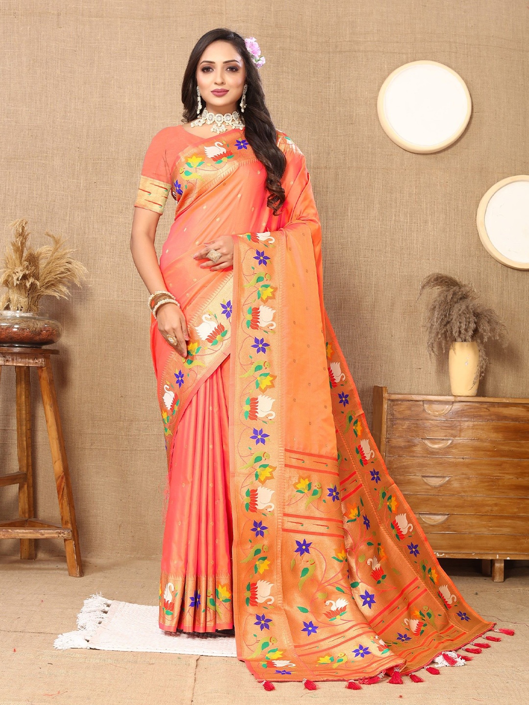 

Anaita Floral Woven Design Zari Paithani Saree, Orange