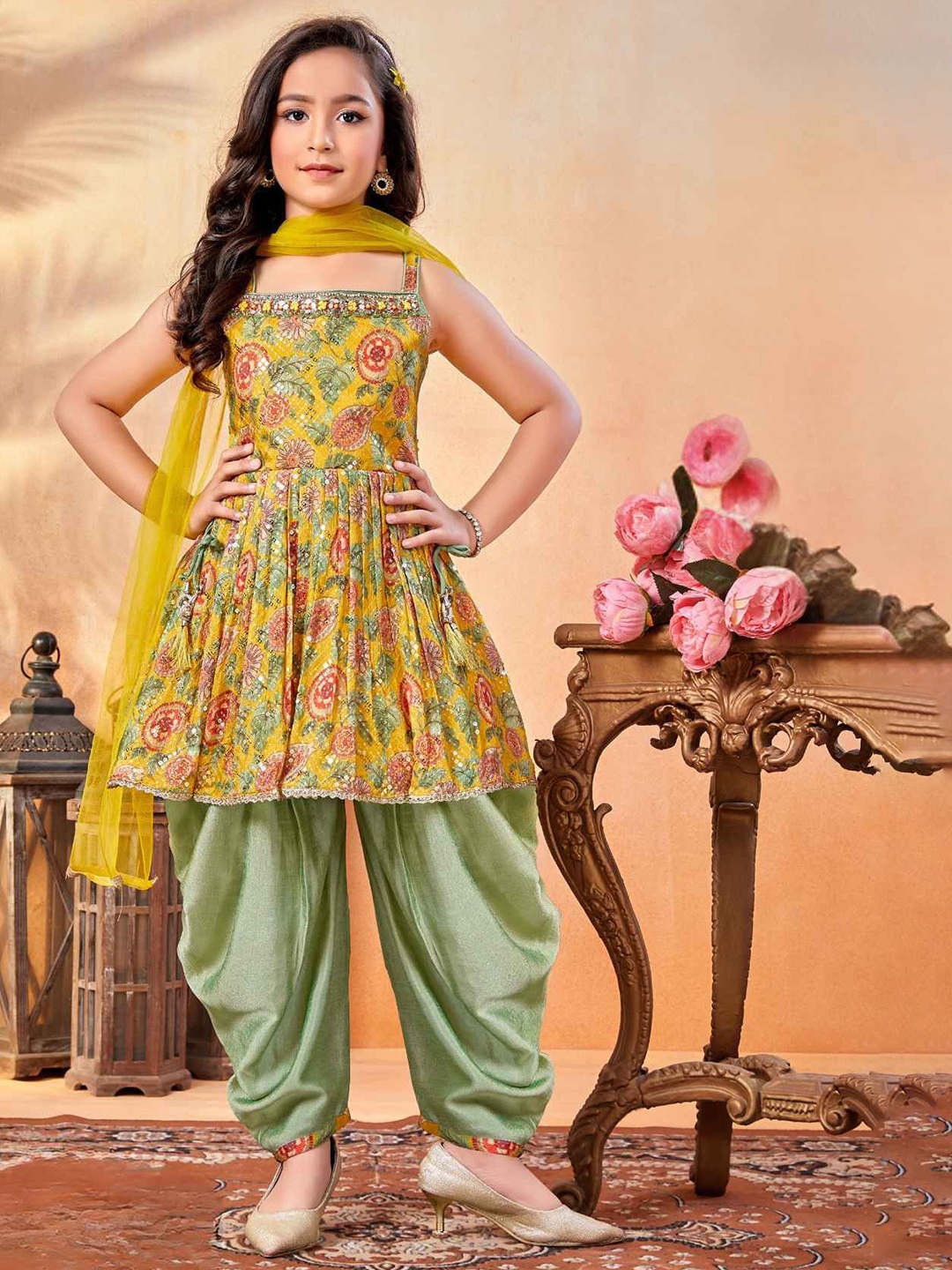 

Lagorii Girls Printed Kurta with Sharara & Dupatta, Mustard