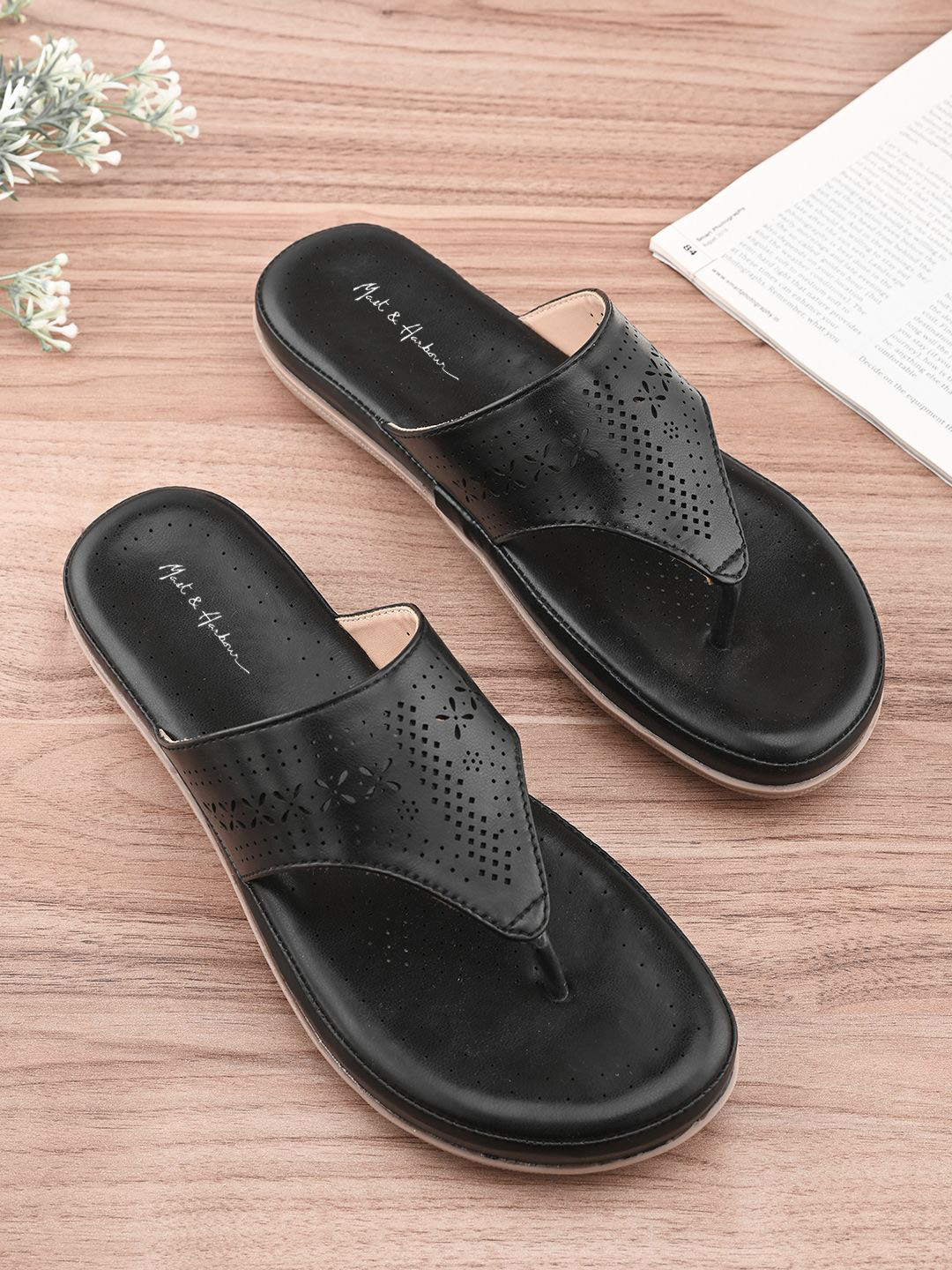 

Mast & Harbour Women Open Toe T-Strap Flats, Black