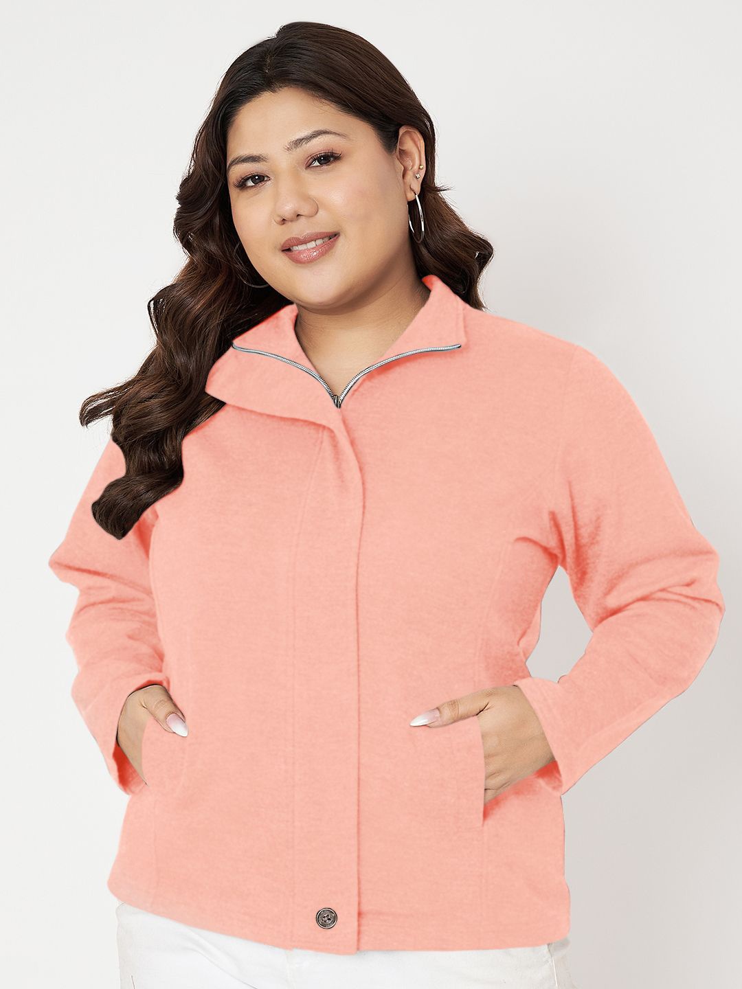 

BRINNS Women Plus Size Mock Collar Long Sleeves Front-Open Sweatshirt, Peach