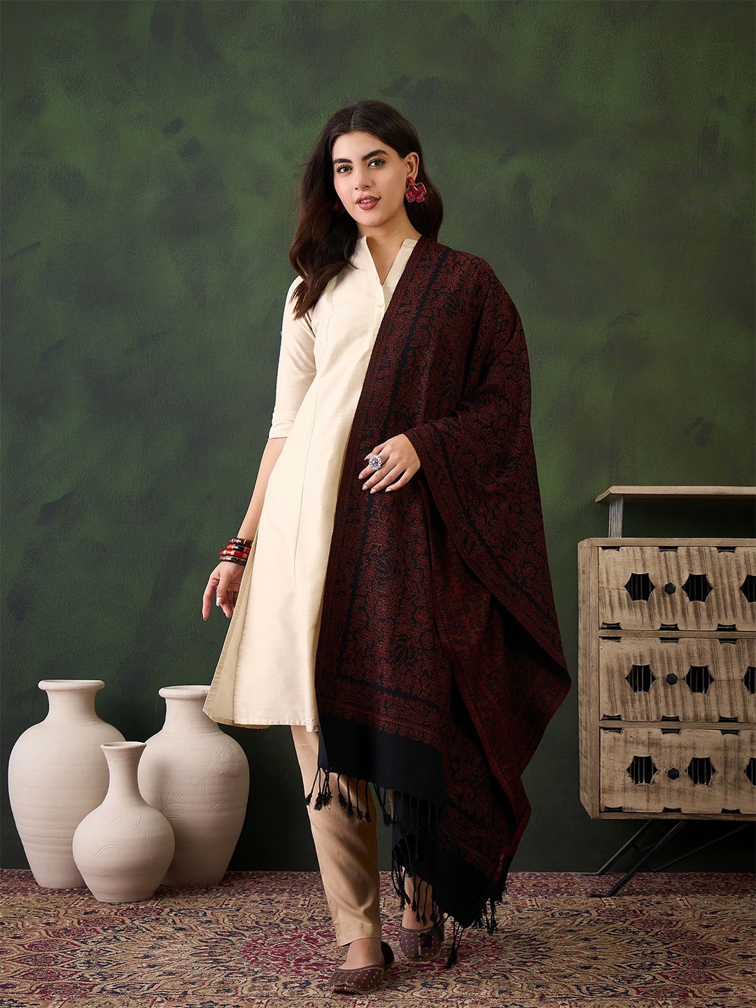 

Sangria Floral Woven Design Winter Pashmina Shawl, Black