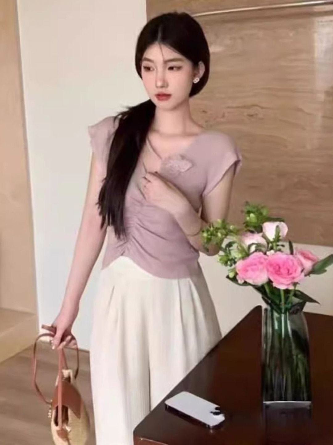 

KPOP Women Corsage Ruched Woollen Top, Pink