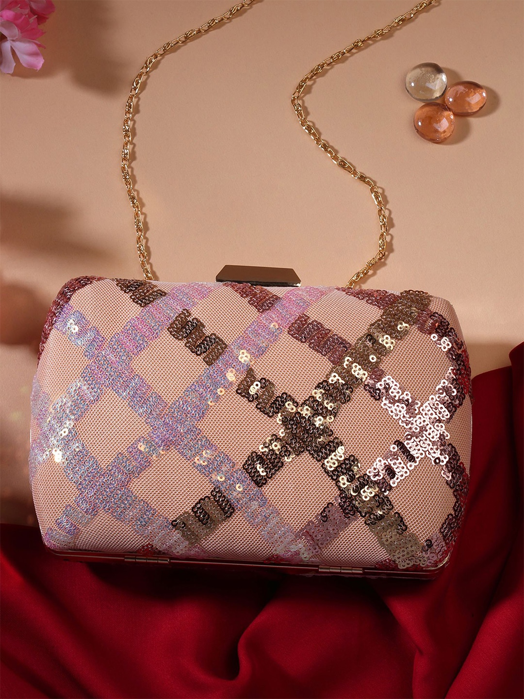 

Bohey by KARATCART Embroidered Embellished Box Clutch, Pink