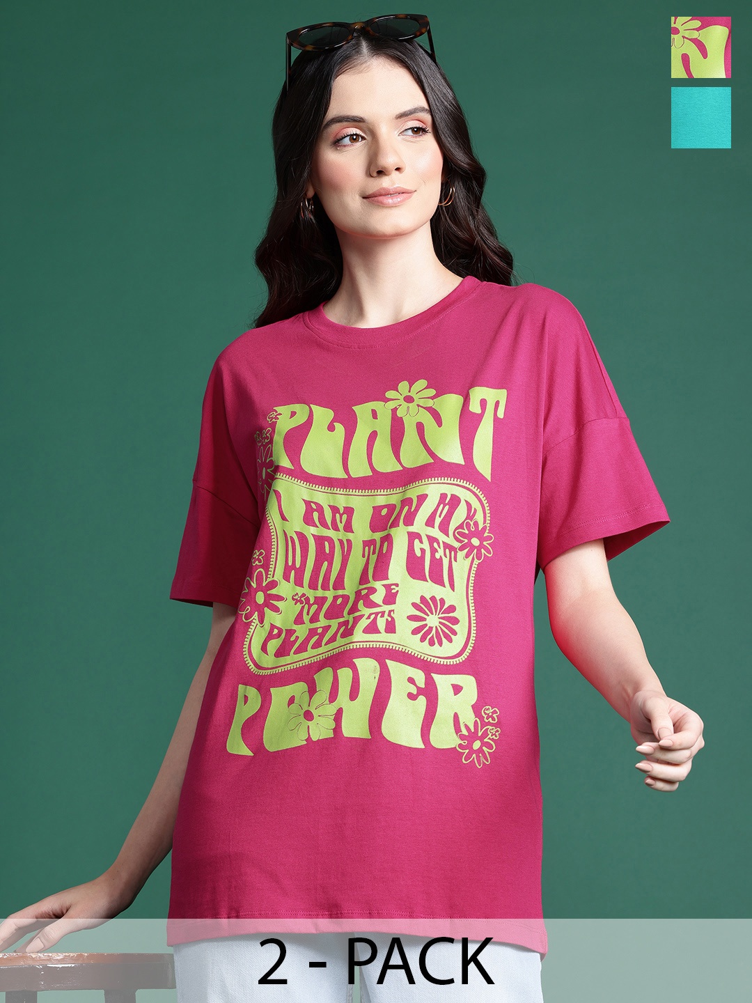 

DressBerry Pack of 2 Pure Cotton Printed Longline Tshirts, Pink
