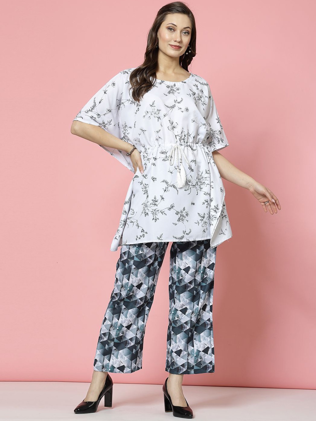 

Clora Creation Round Neck Printed Kaftan Top With Trousers, White