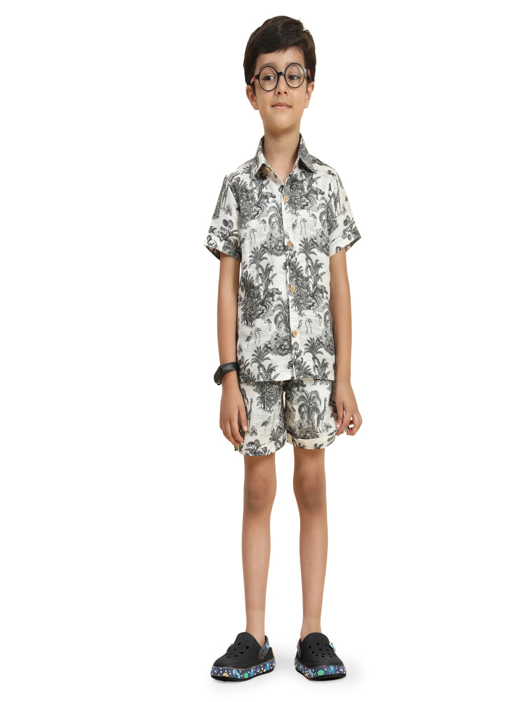 

Funny Bones Clothings Boys Printed Short Sleeve Shirt & Shorts Clothing Set, White