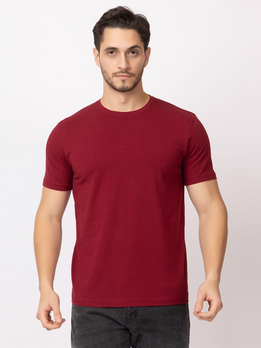 

ARIIX Men Solid Round Neck Cotton T-shirt, Maroon