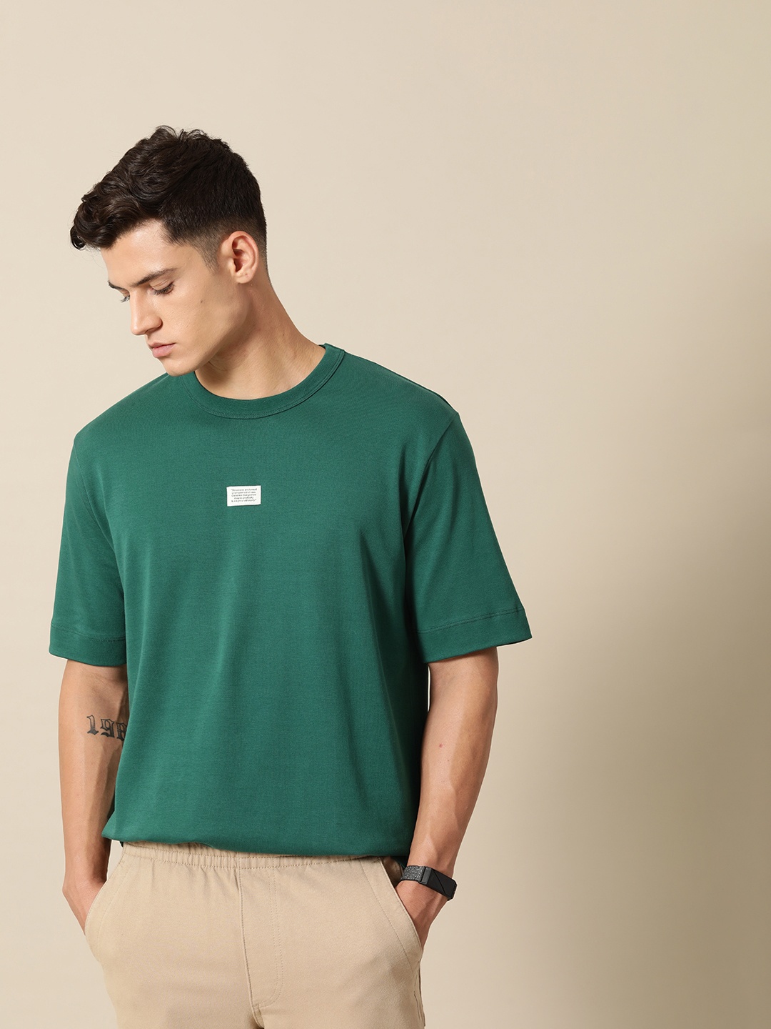 

Mr Bowerbird Solid Pure Cotton Casual Oversized T-shirt With Patchwork Detail, Green