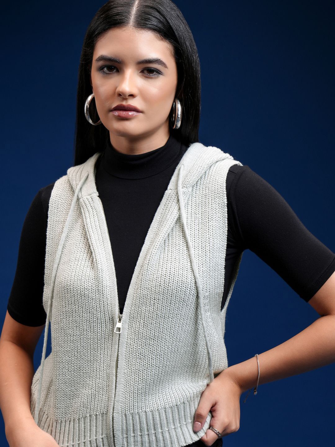 

Tokyo Talkies Women Hooded Cable Knit Cardigan Sweater, Grey