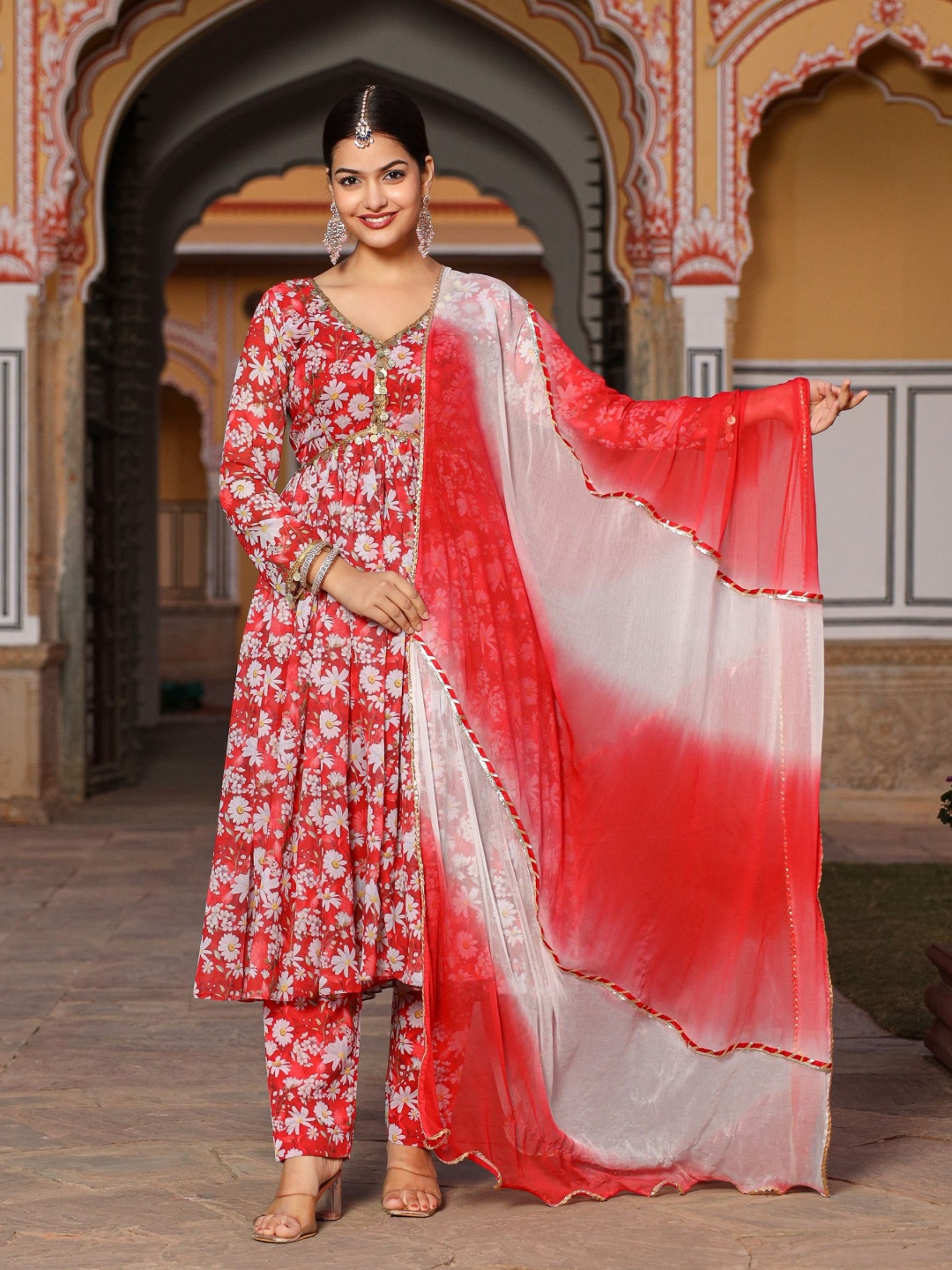 

ASHEERA Women Floral Printed Empire Gotta Patti Kurta with Trousers & With Dupatta, Red