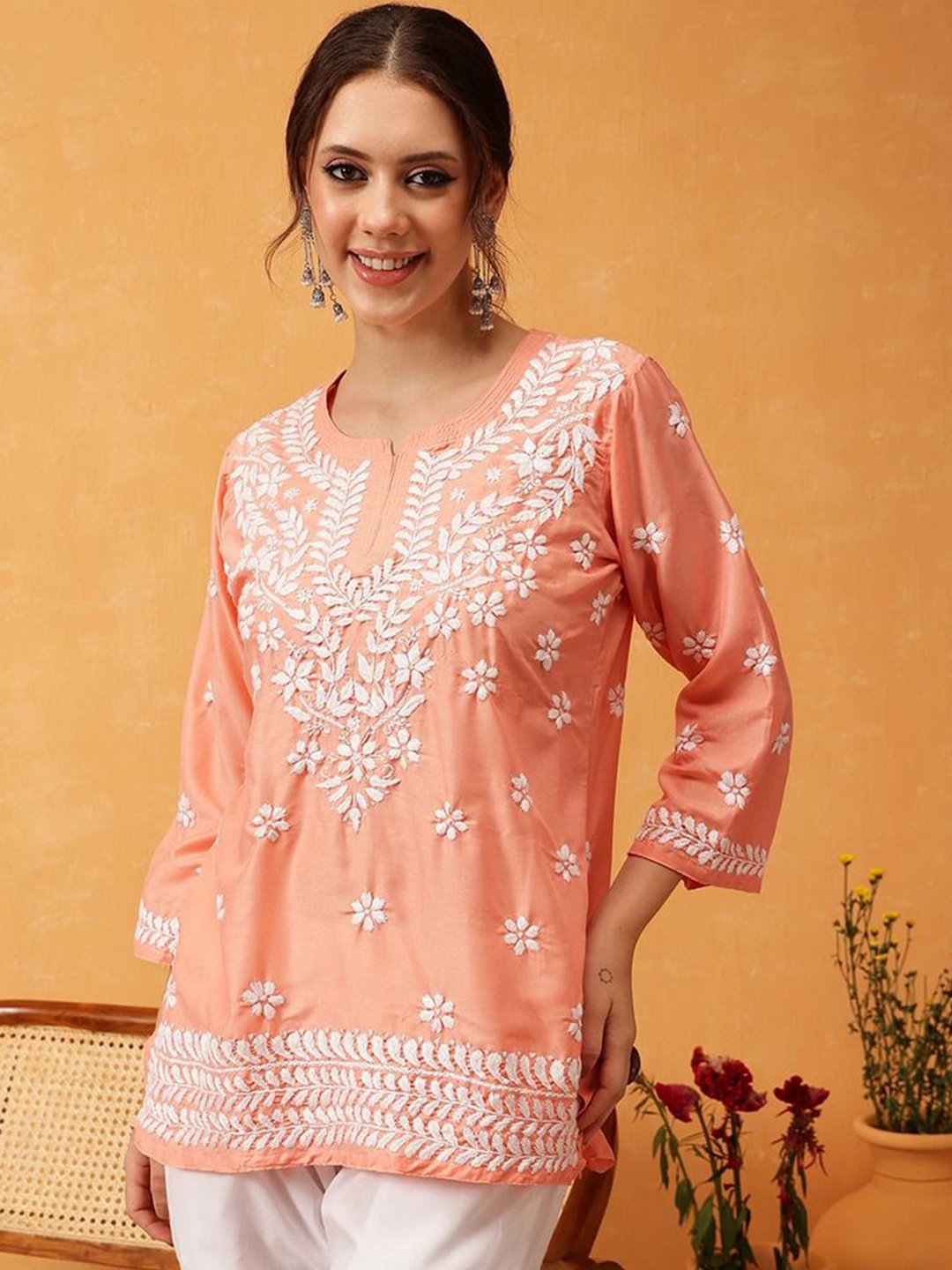 

Vama Heritage Women Floral Embroidered Flared Sleeves Thread Work Kurta, Peach