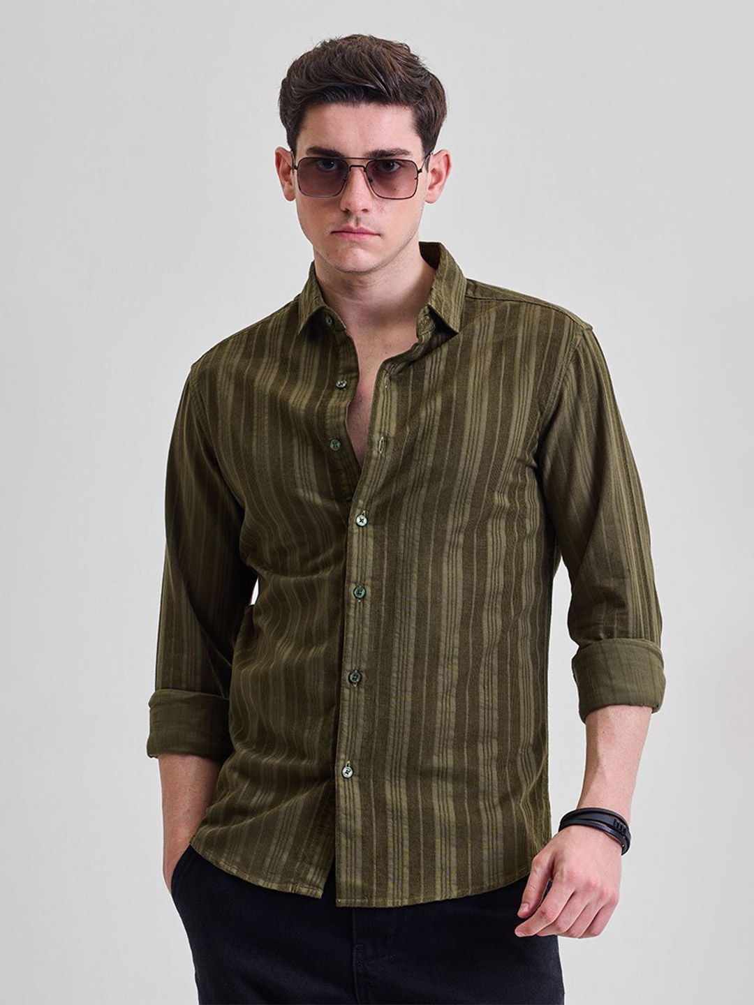 

Snitch Men Smart Slim Fit Opaque Striped Casual Shirt, Olive