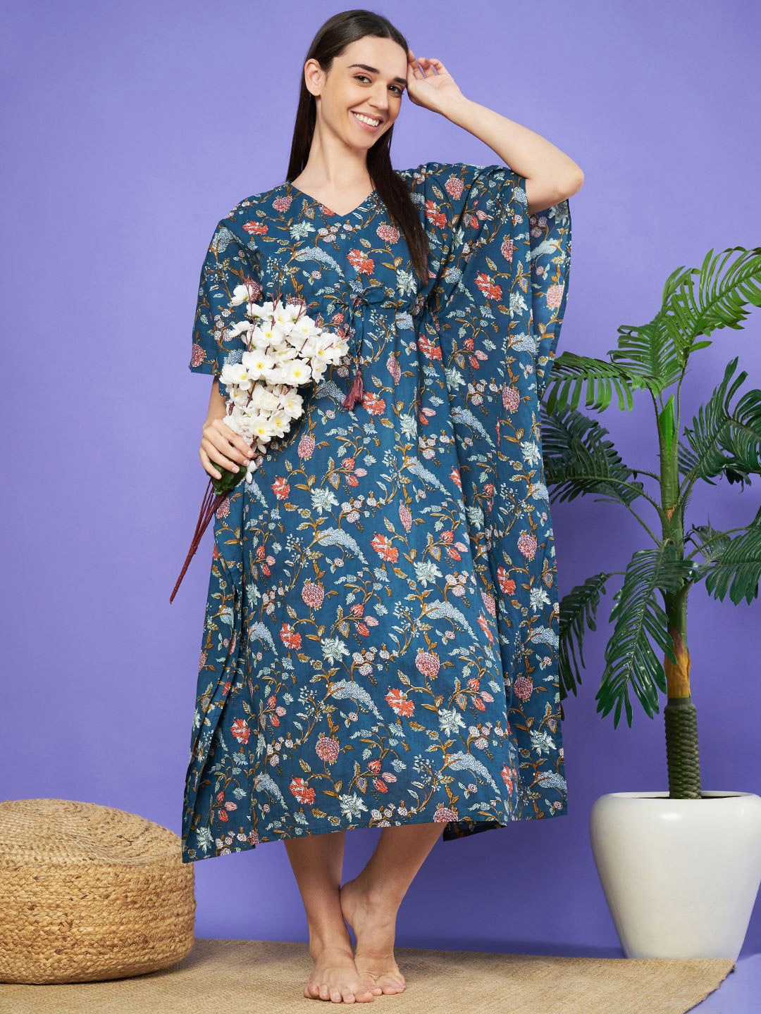 

HERE&NOW Women Floral Printed Pure Cotton Kaftan Midi Nightdress, Blue