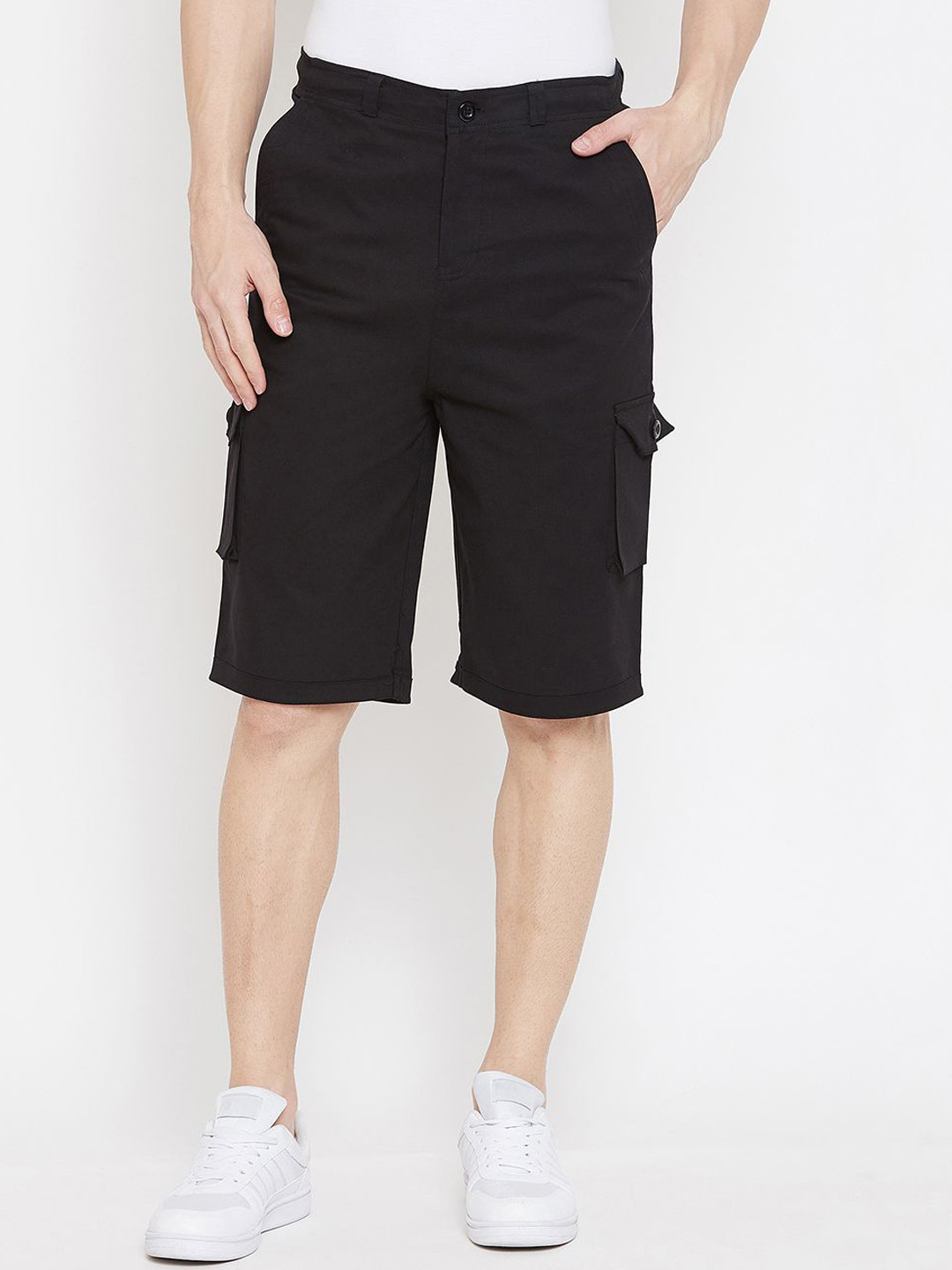 

Hypernation Men Mid-Rise Pure Cotton Cargo Shorts, Black