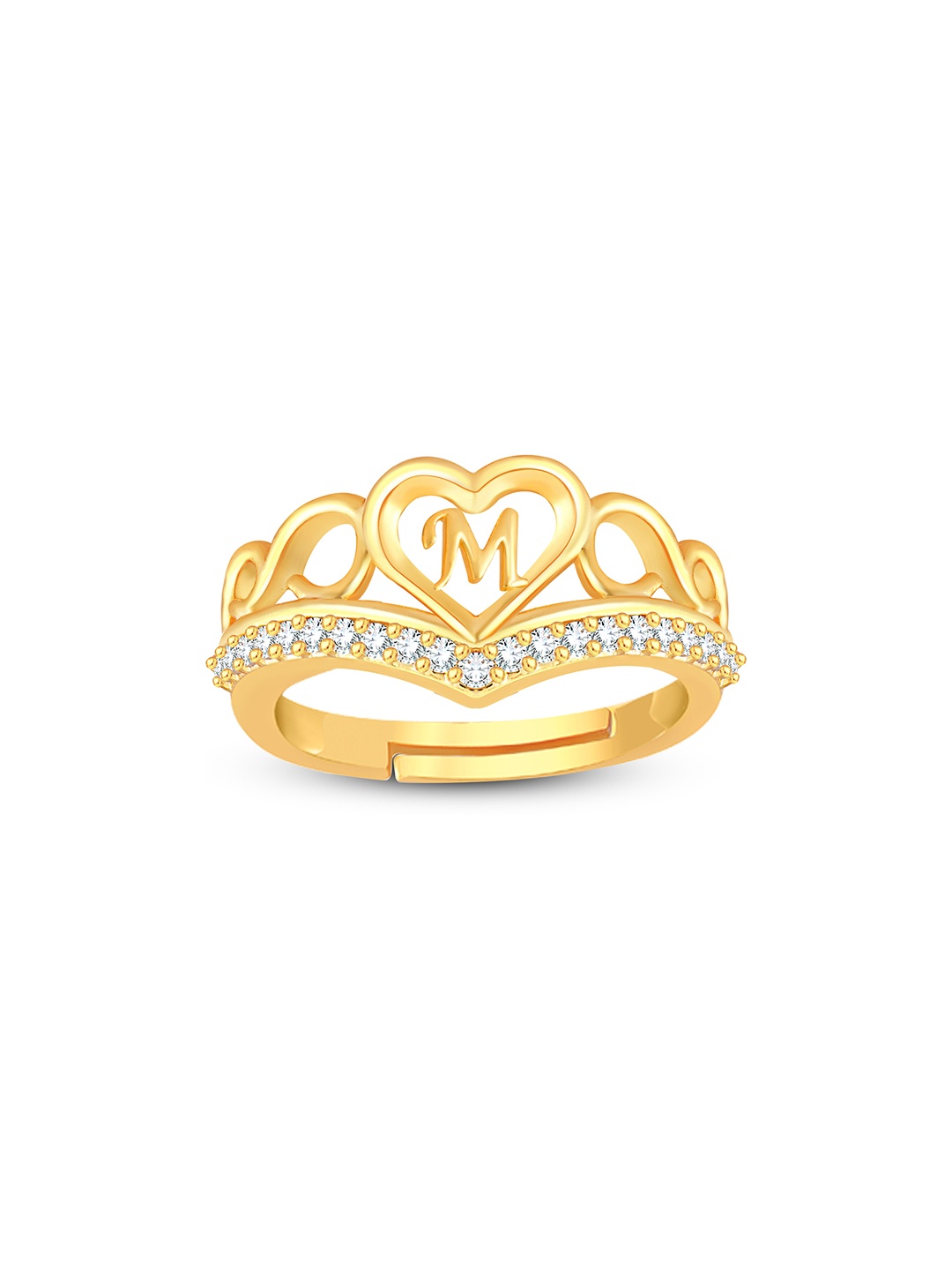 

Lila Unisex Gold-Plated Cubic Zirconia Stone Studded Alphabet M Adjustable Finger Ring