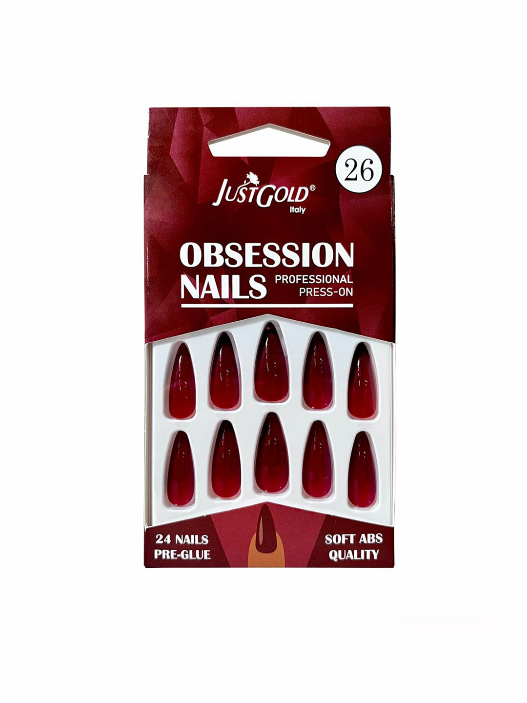 

JUSTGOLD Set Of 24 Professional Obsession Press On Pre Glued Nails - Maroon 26