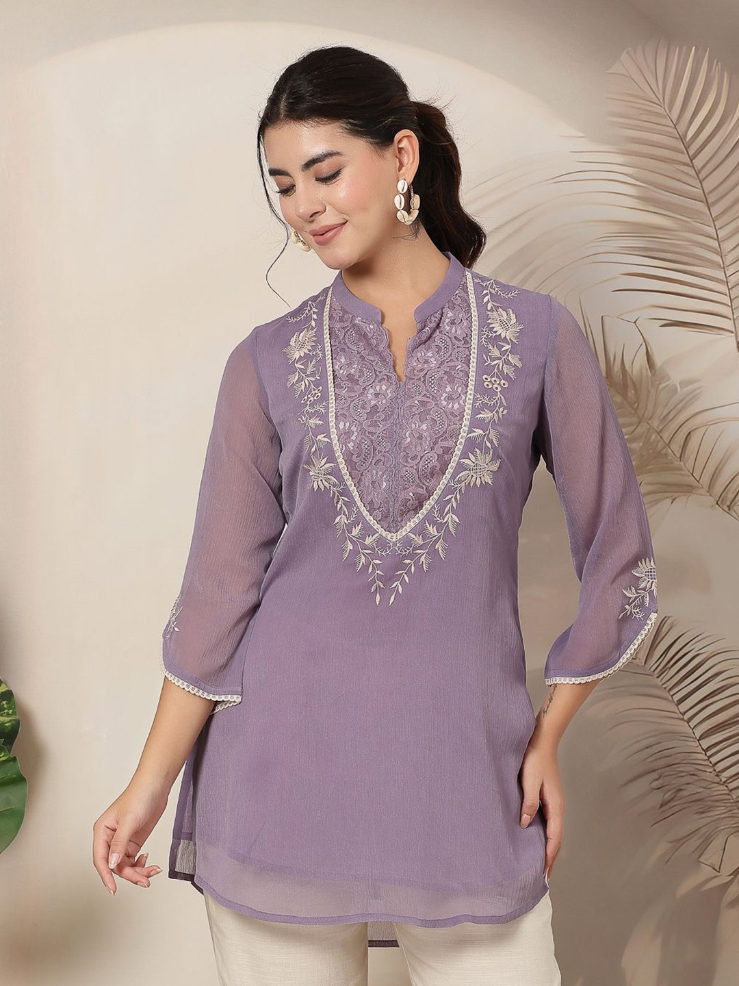 

Nayam By Lakshita Women Floral Embroidered Mandarin Collar Kurti, Lavender
