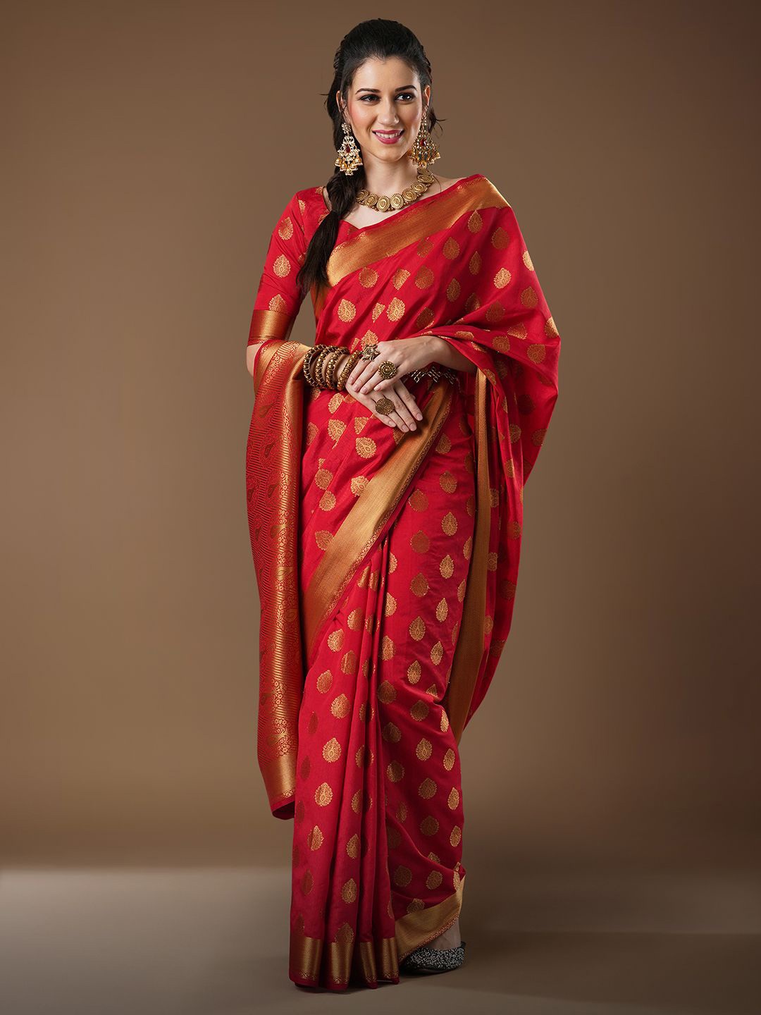 

House of Pataudi Ethnic Motifs Woven Design Banarasi Saree, Red