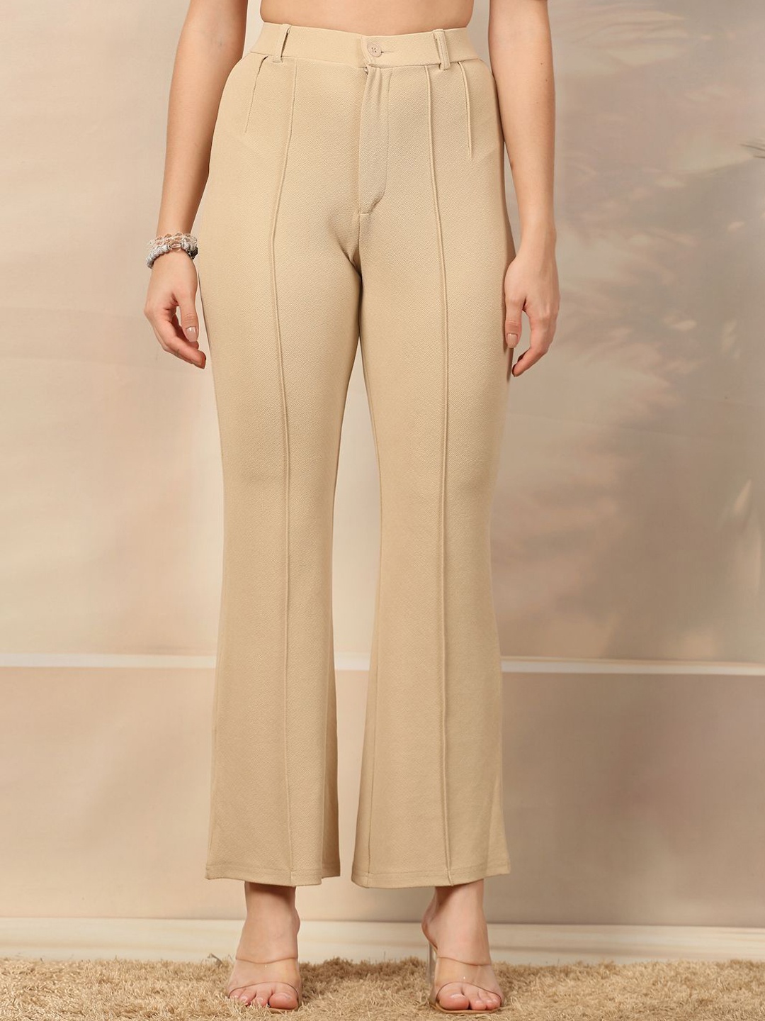 

aayu Women Relaxed Flared High-Rise Easy Wash Pleated Trousers, Beige