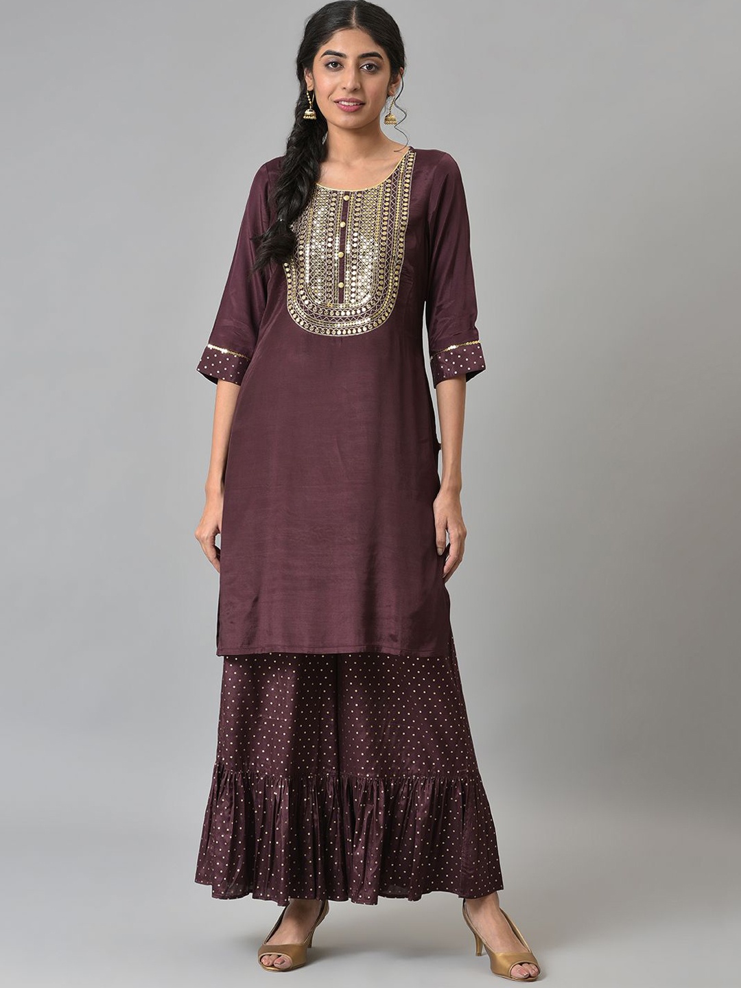 

AURELIA Women Floral Embroidered Regular Thread Work Kurta with Sharara, Brown