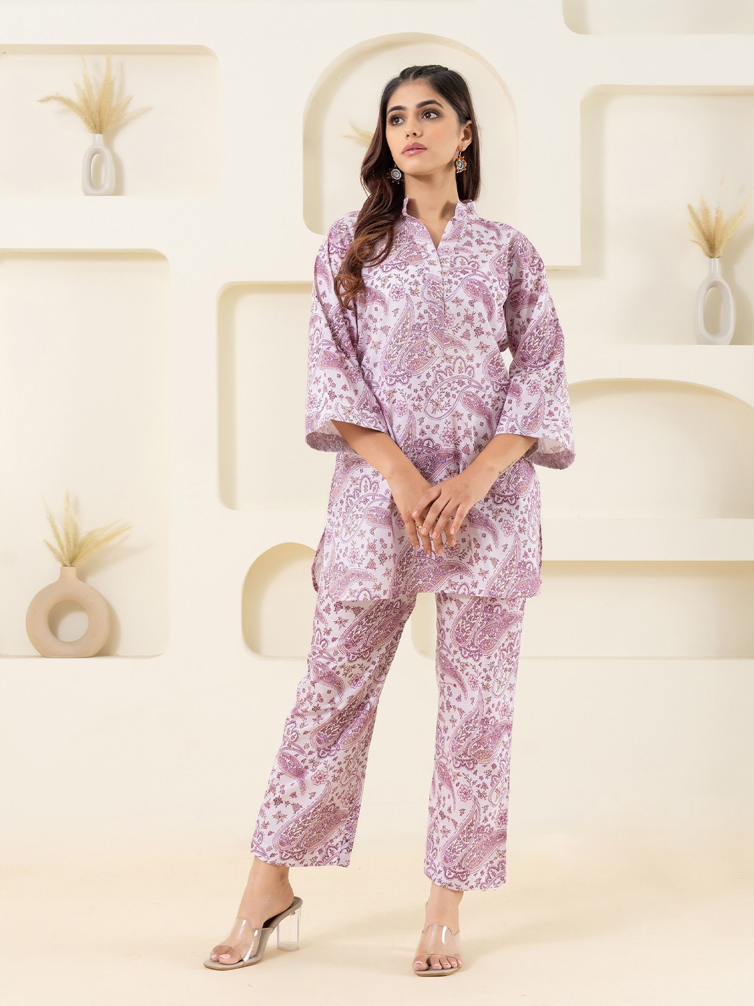 

GULABOSITABO Women Pure Cotton Mandarin Collar Co-Ords, Pink