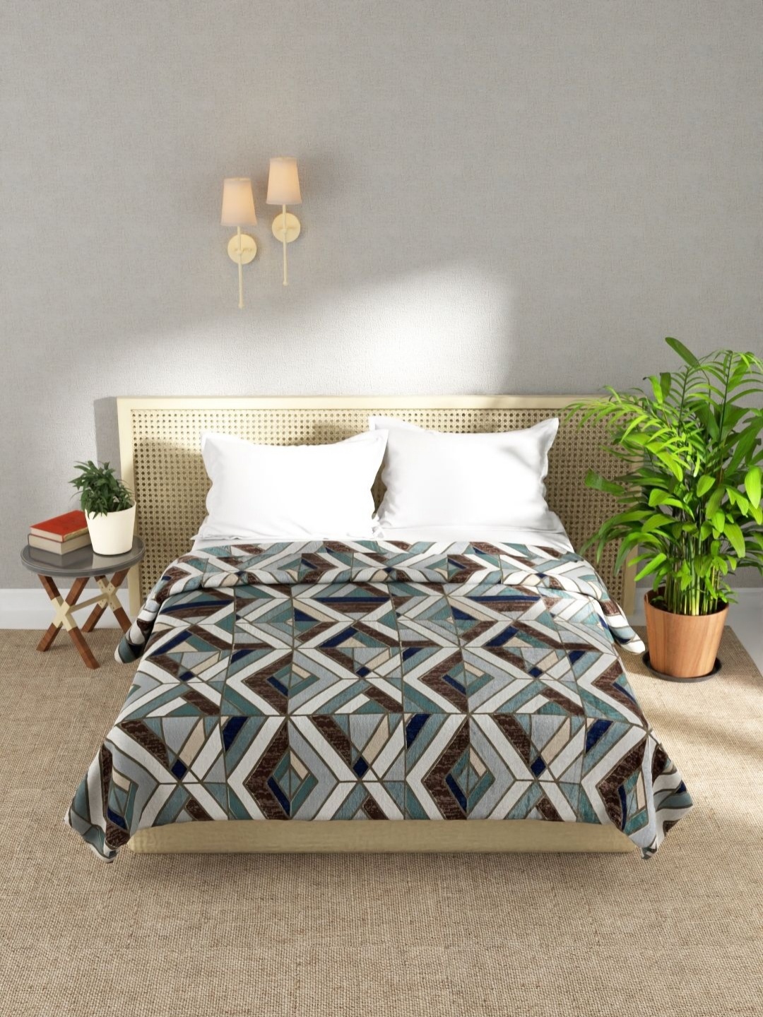 

KOPA Blue & Brown Geometric Microfiber AC Room 300 GSM Double Bed Blanket