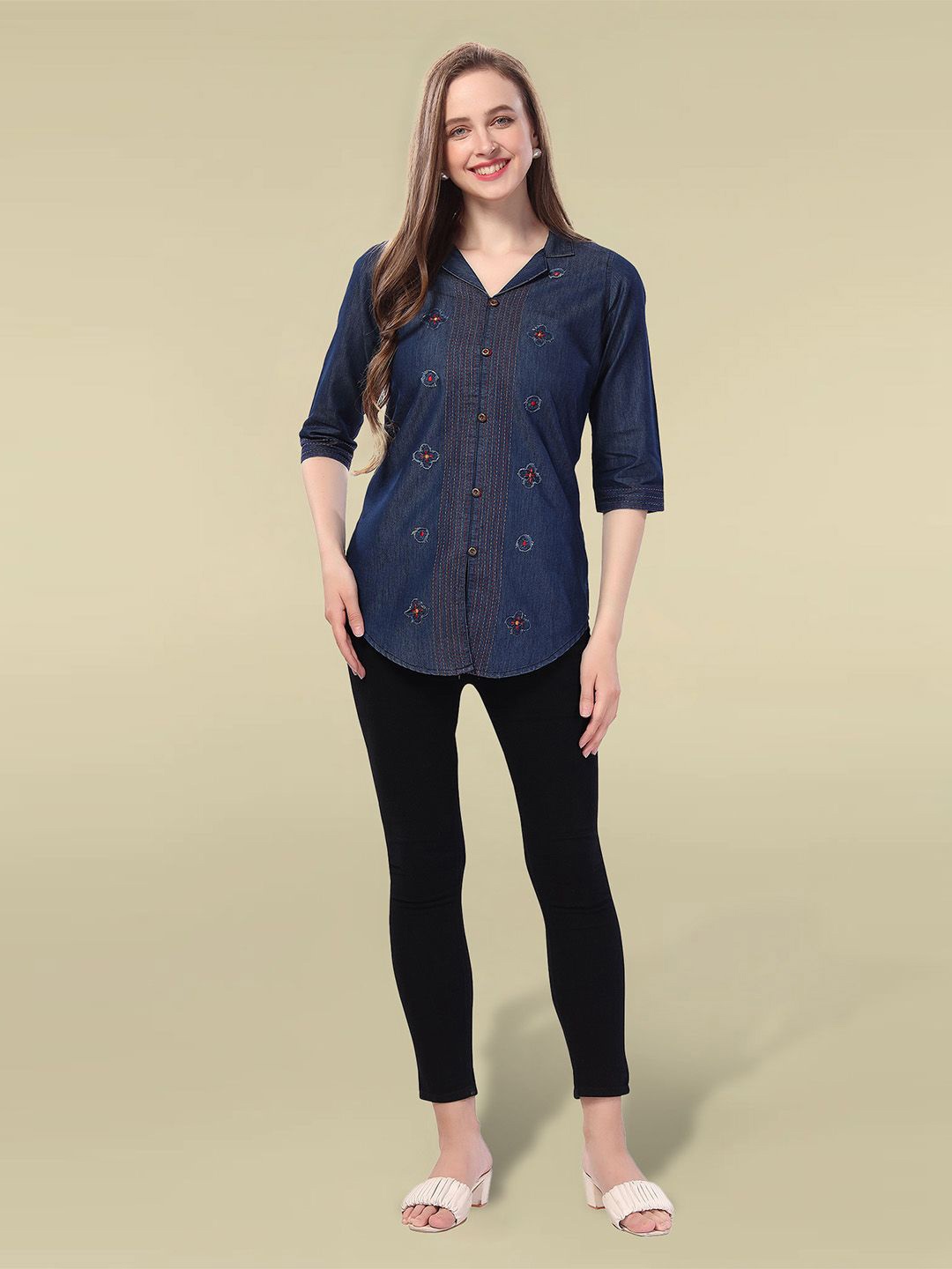 

KALINI Women Embroidery Denim V-Neck Tunic, Blue