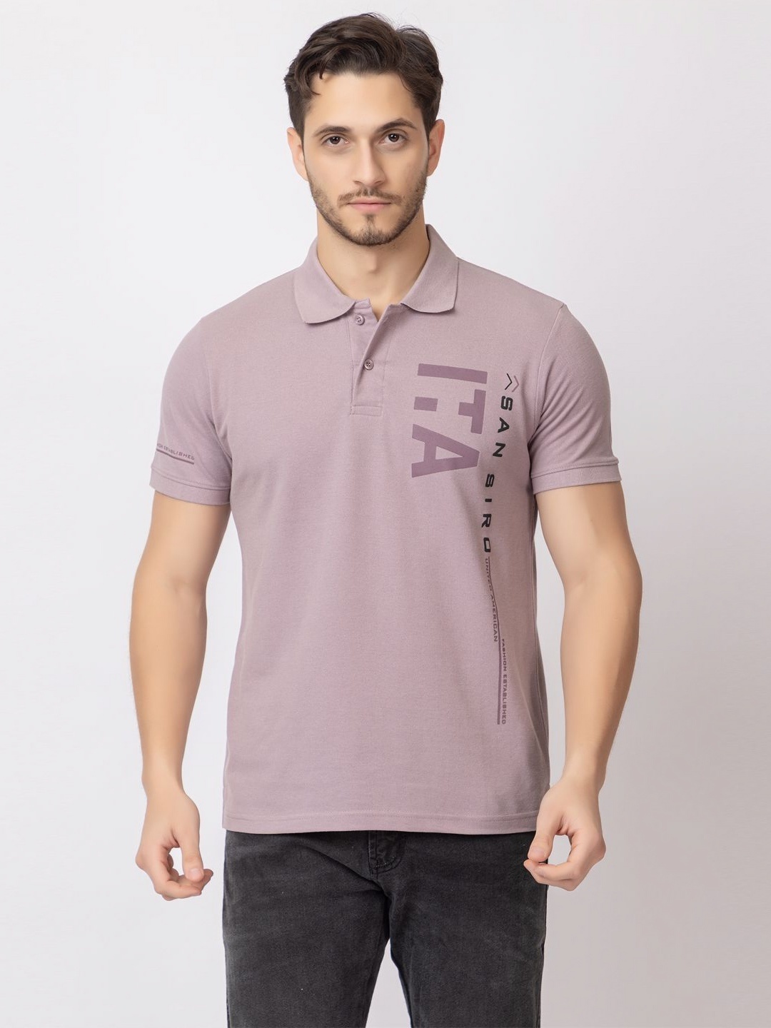 

ARIIX Men Typography Printed Polo Collar Cotton T-shirt, Lavender