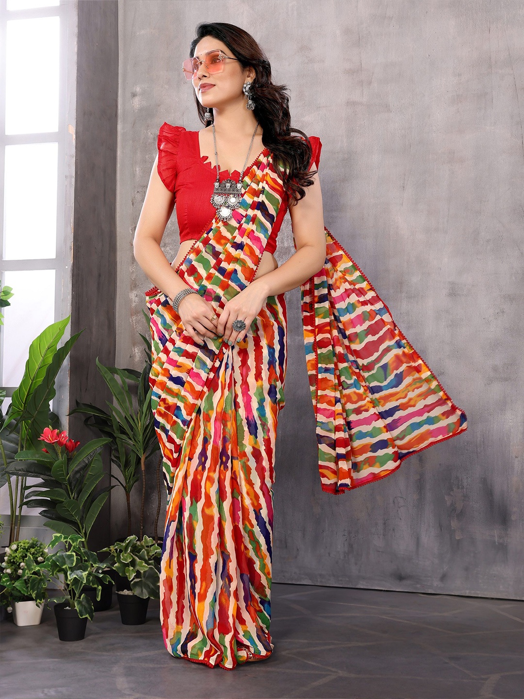 

BHARODIYA ENTERPRISES Leheriya Printed Pure Georgette Ready to Wear Saree, Red