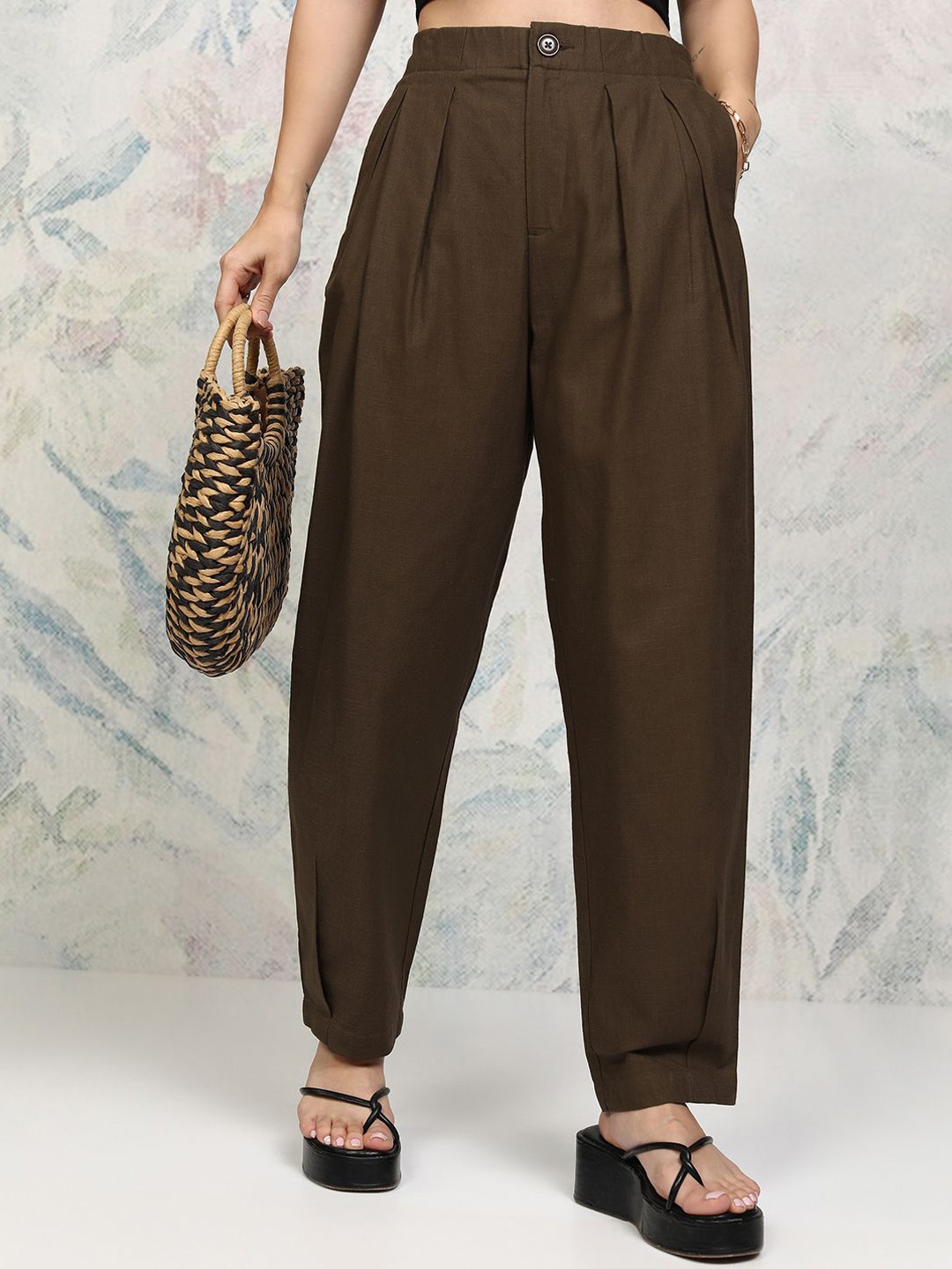 

CHIC BY TOKYO TALKIES Women Cotton Pleated Trousers, Brown