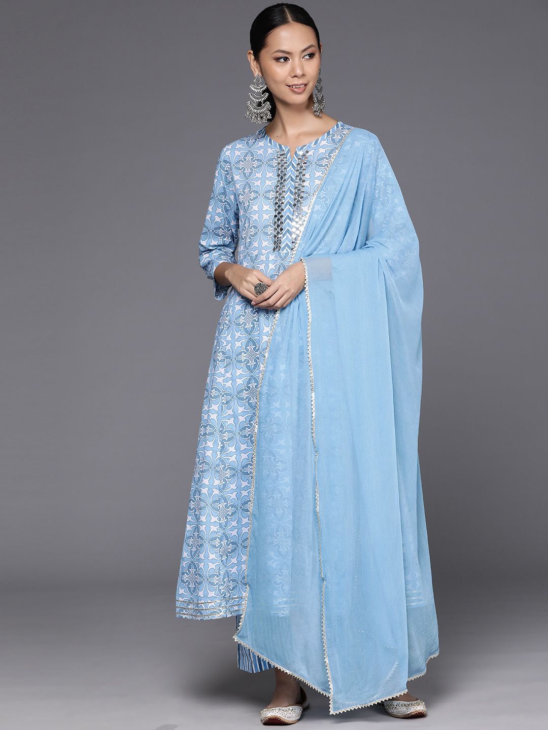 

KALINI Women Printed Regular Mirror Work Pure Cotton Kurta with Trousers & With Dupatta, Blue