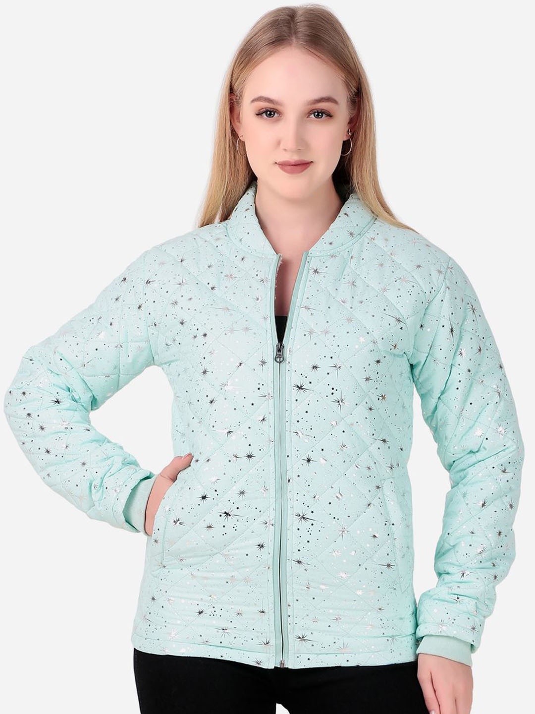 

WELL QUALITY Women Geometric Lightweight Puffer Jacket, Blue