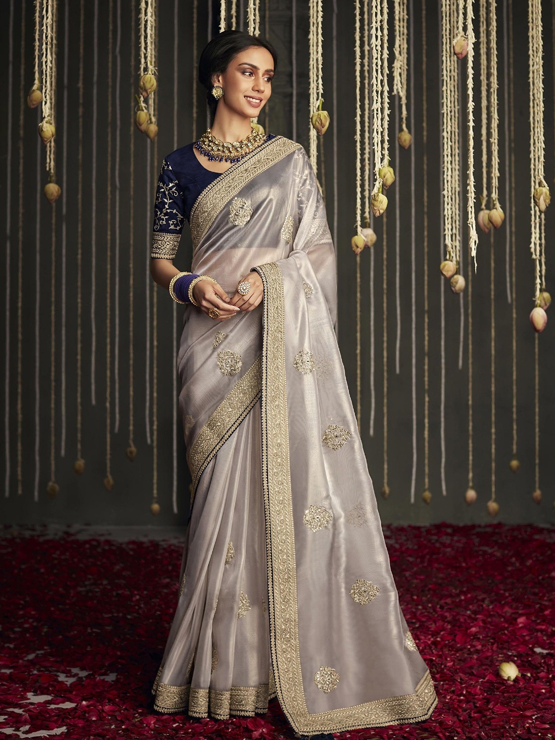 

MAHALASA Embellished Embroidered Saree With Diamond Work Saree, Grey