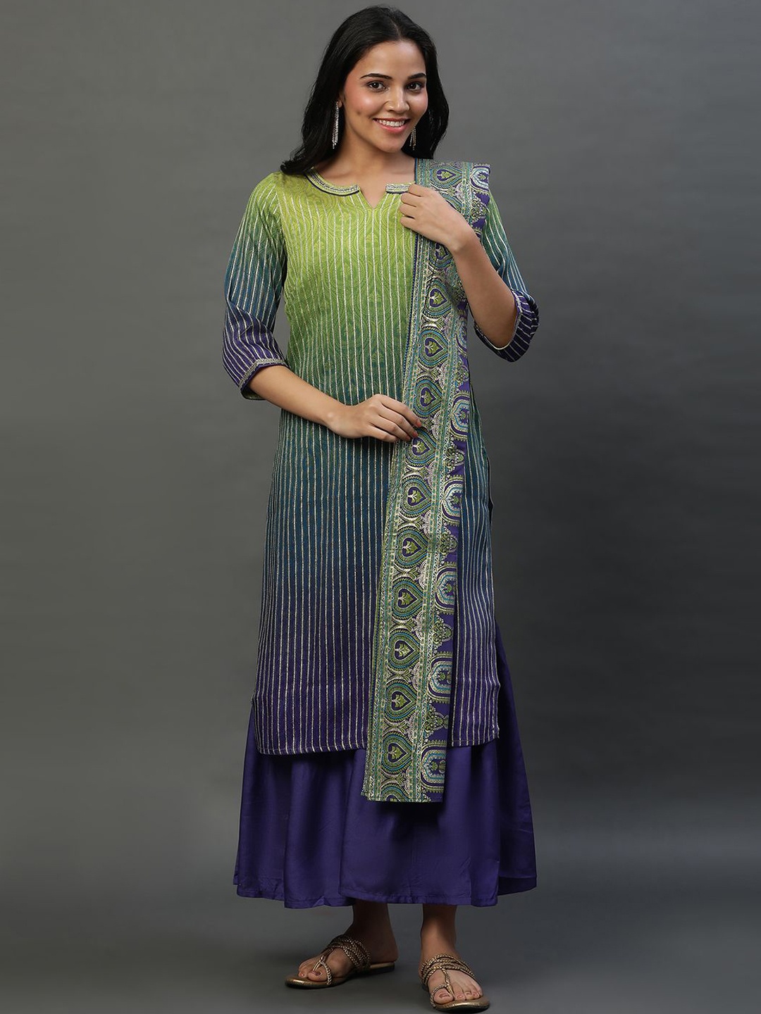 

AURELIA Women Ethnic Motifs Printed Regular Kurta with Sharara & With Dupatta, Green