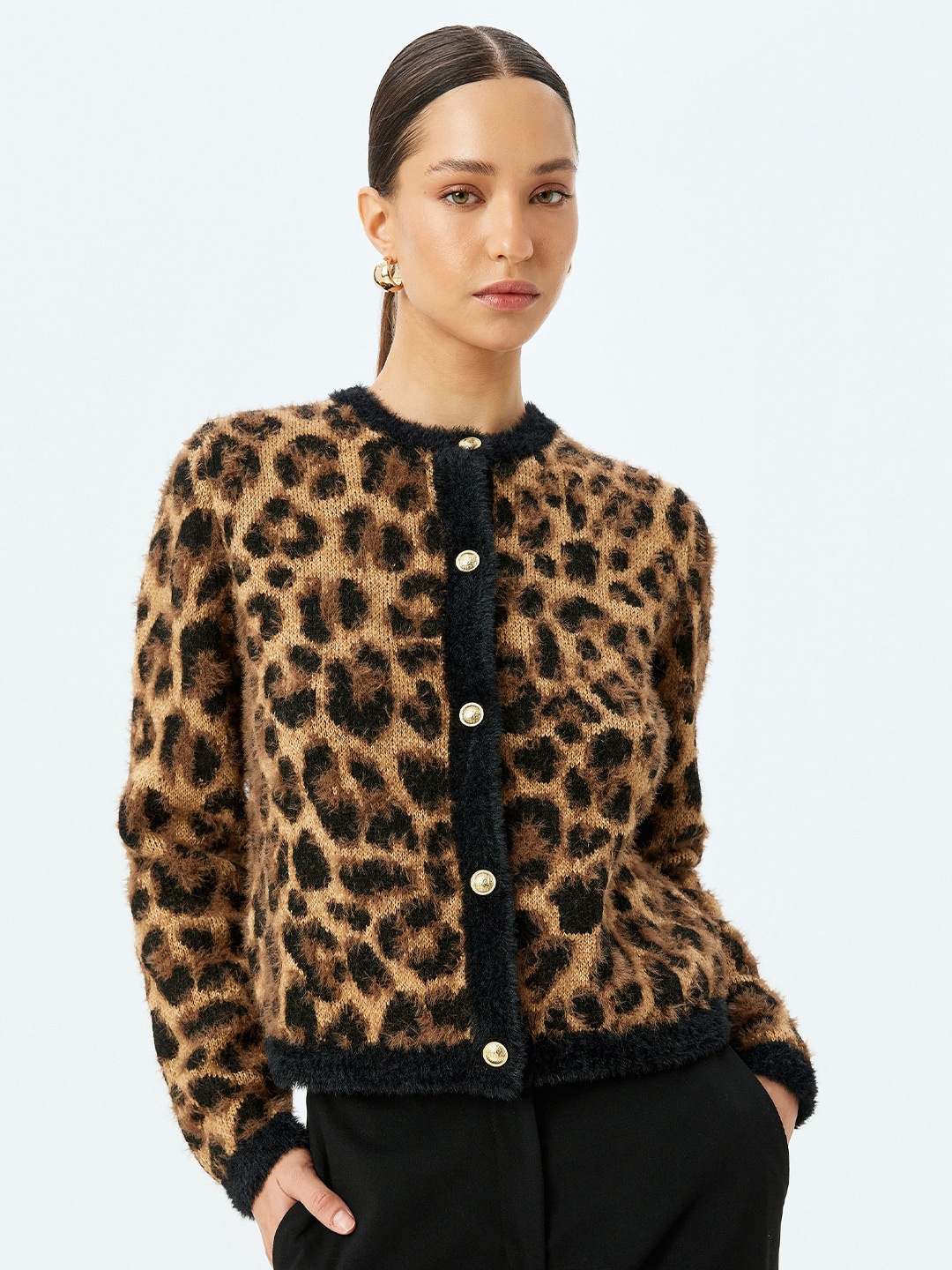 

Koton Women Animal Printed Round Neck Long Sleeves Cardigan Sweaters, Camel brown