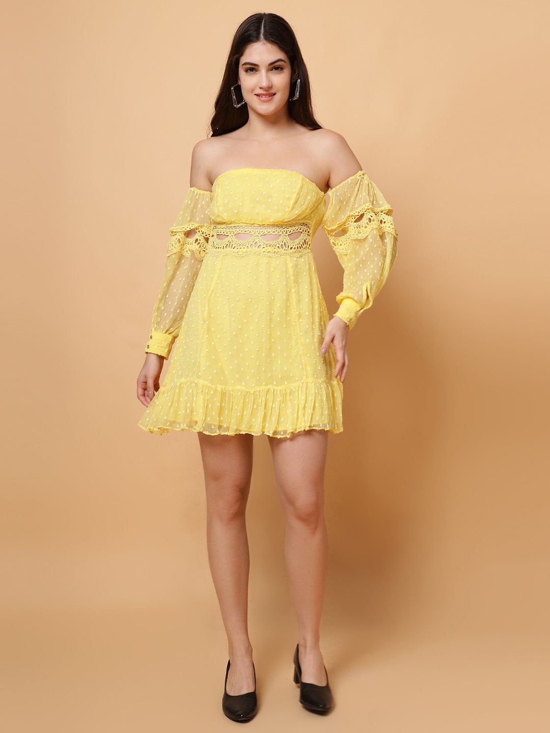 

Unifringe Women Self Design Off-Shoulder Cuffed Sleeves A-Line Mini Dress, Yellow