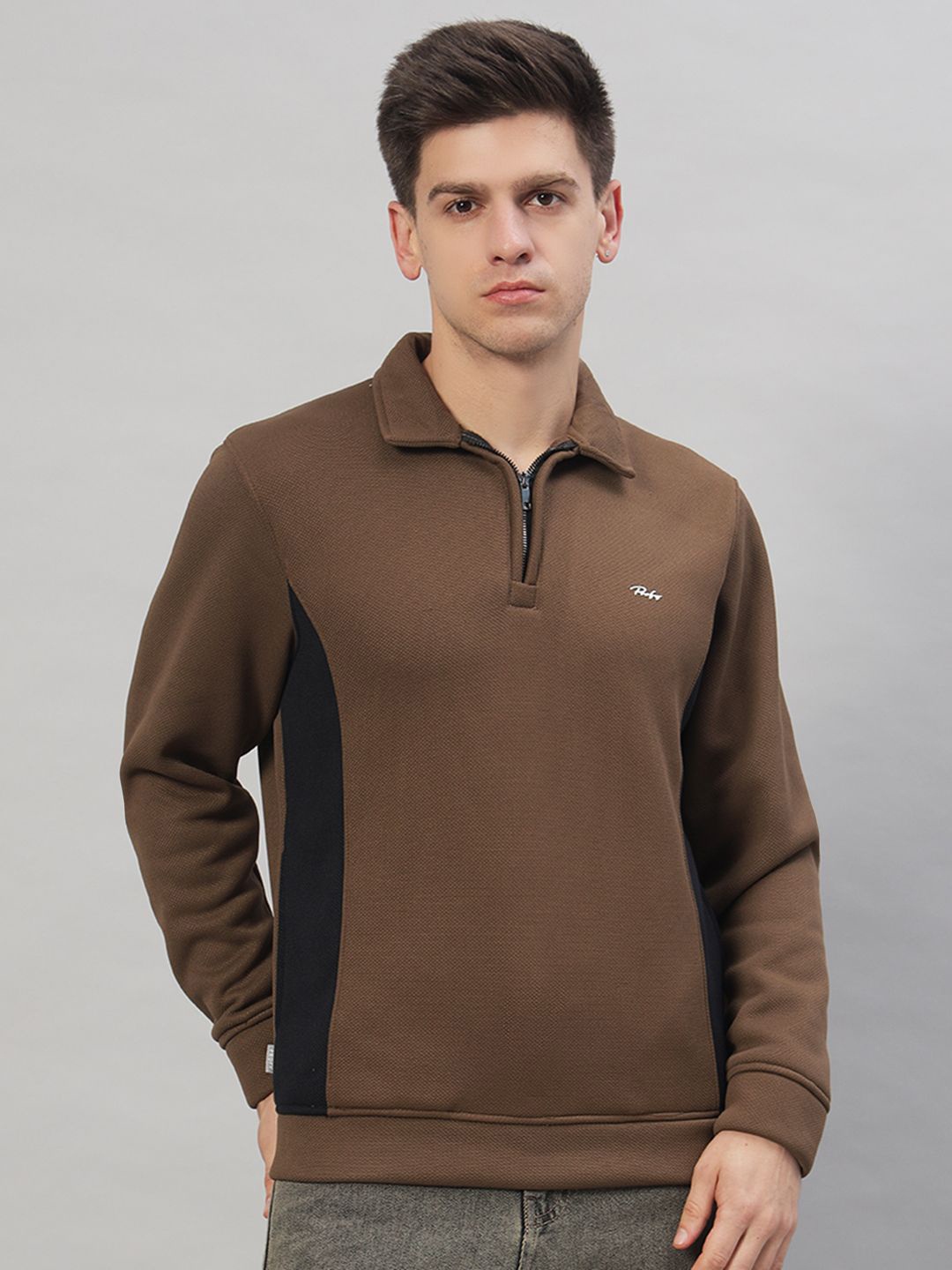 

PROFY Men Brand Logo Shirt Collar Long Sleeves Sweatshirt, Brown