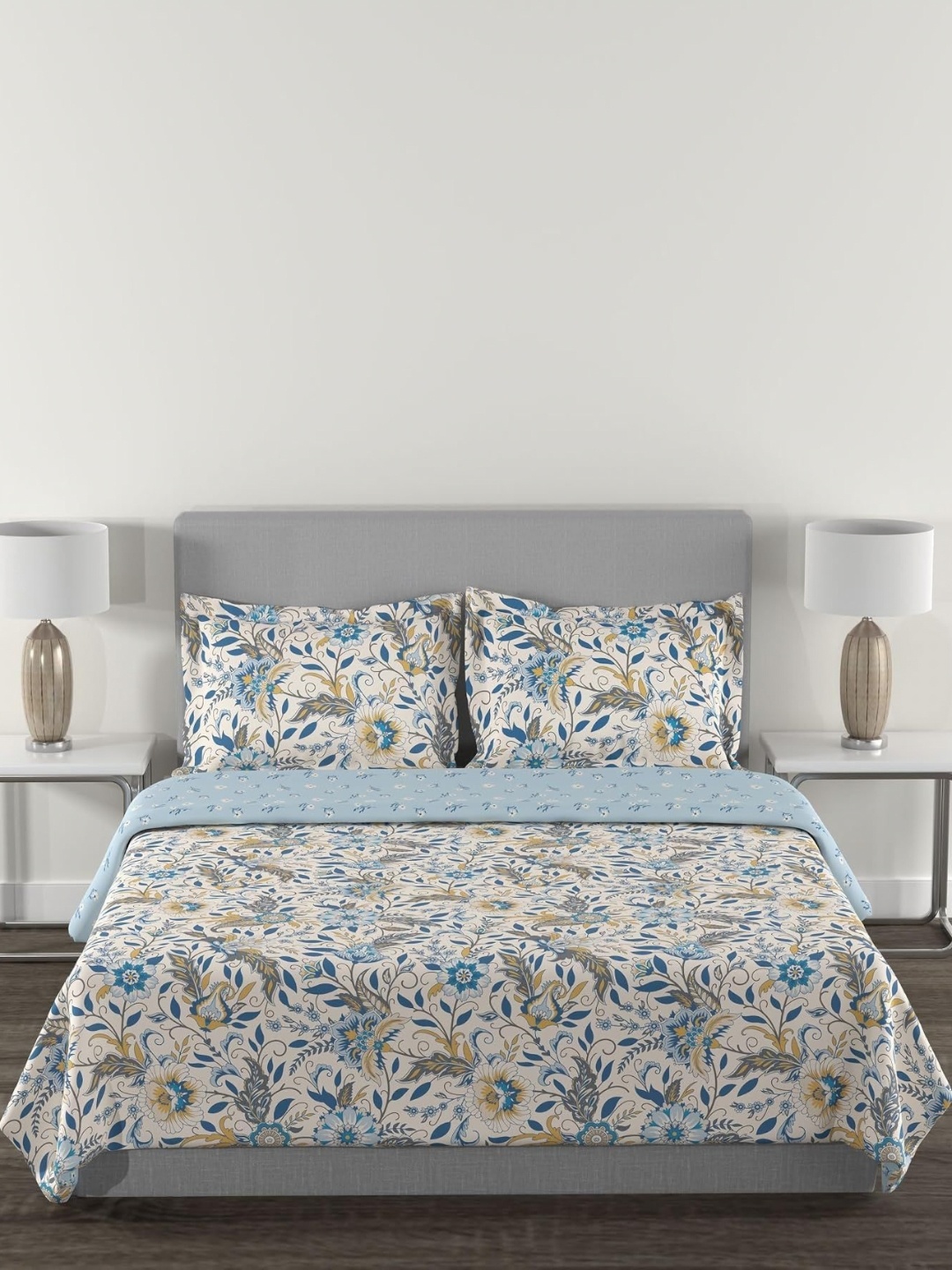 

MYTRIDENT Blue & White Floral 4 Piece Double Queen Regular Bedding Set