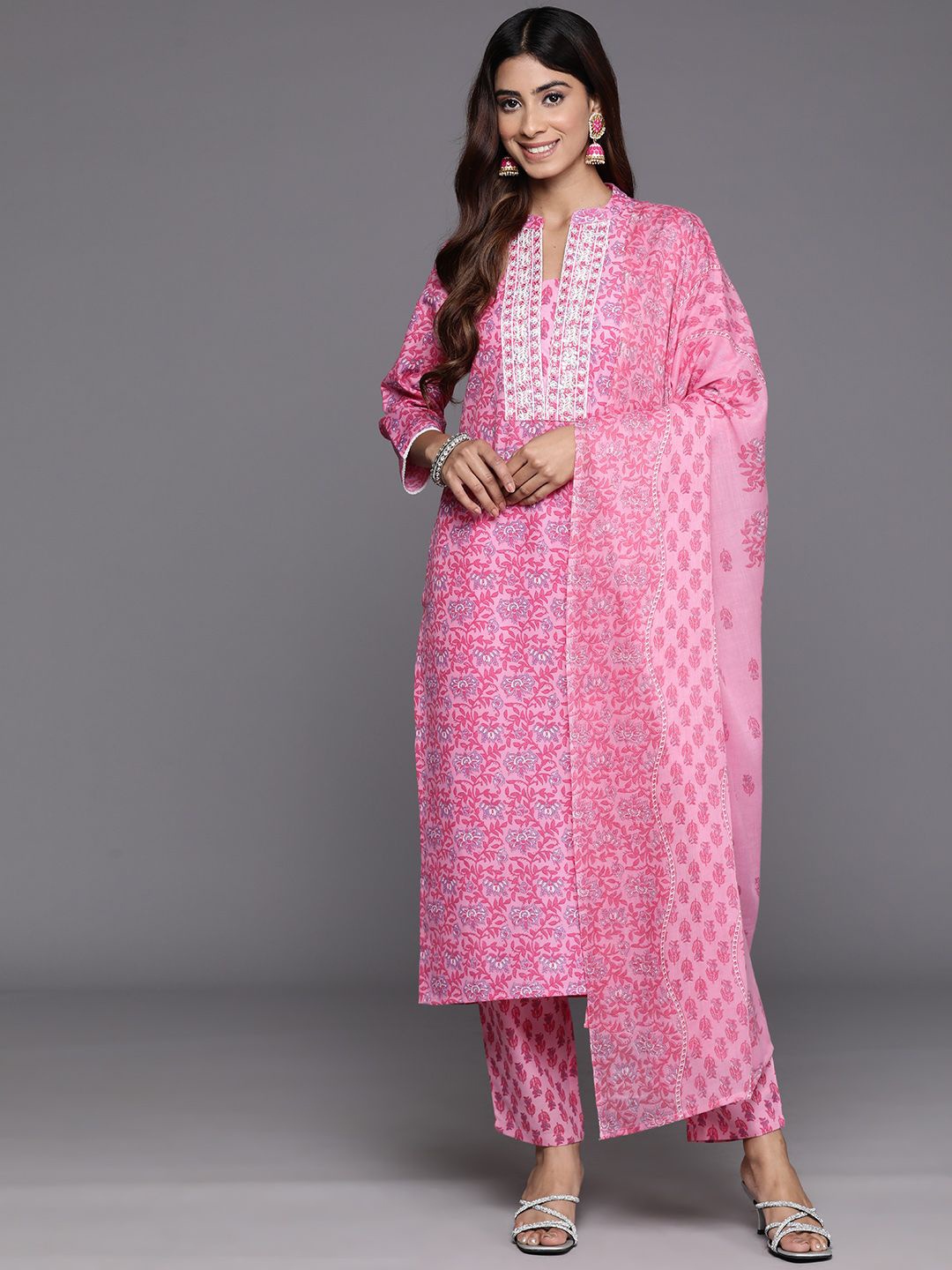 

KALINI Women Floral Printed Regular Thread Work Pure Cotton Kurta with Trousers & With Dupatta, Pink