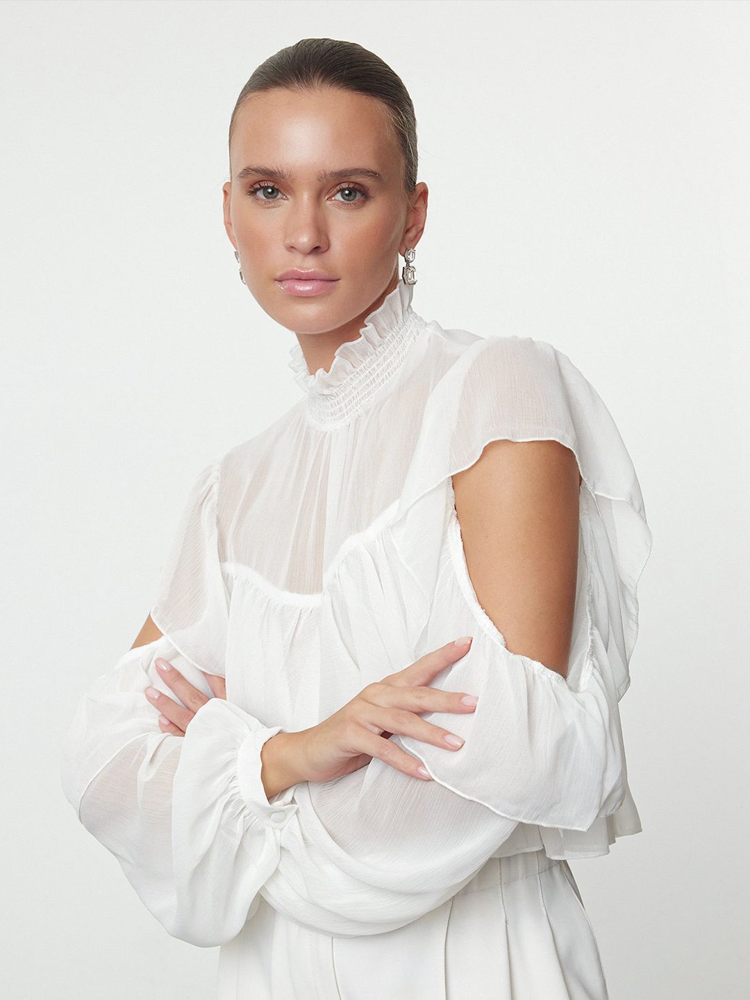 

Trendyol Women High Neck Ruffles A-Line Top, White