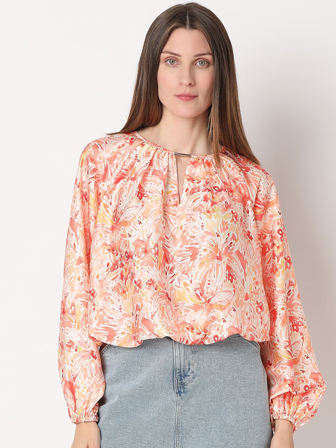 

Vero Moda Women Floral Printed Puff Sleeves Casual Top, Orange